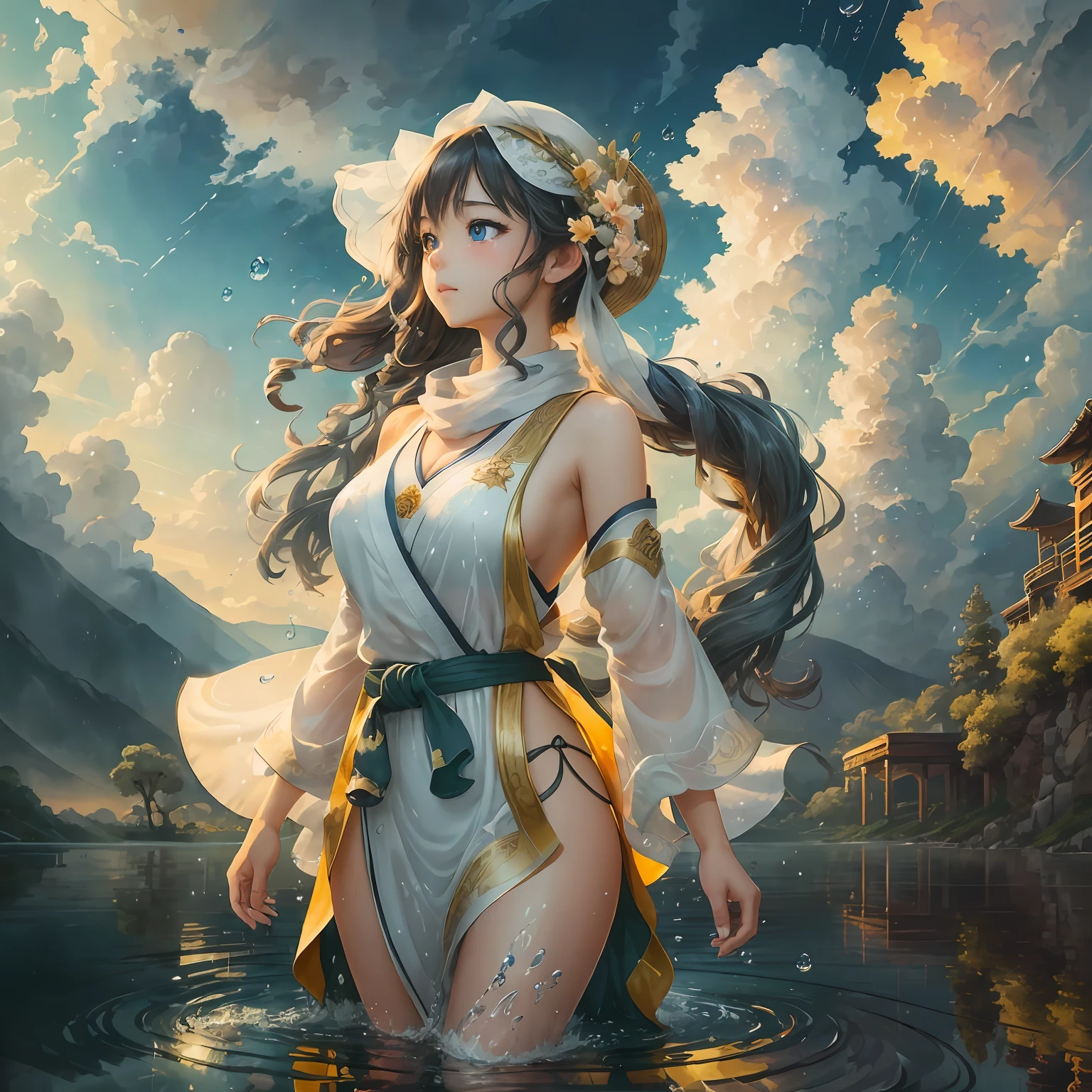 (Masterpiece),Excellent picture quality,HD all-in-one CG 8K wallpaper,Very beautifully drawn,A feeling of floating with a strong visual impact,Dynamic angles and postures,There are in the picture(one-girl),eBlue eyes,black color hair,Wear white martial arts clothing and scarves,Delicate and wonderful face,There are also a lot of water droplets in the picture,Clouds,twilight rays、Broad field of view and watercolor-like style。And koi