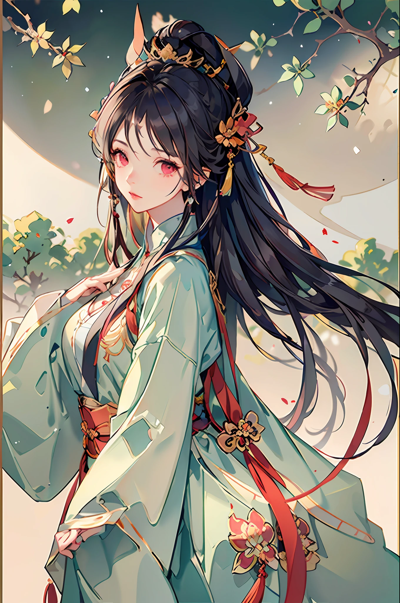 ((Masterpiece:1.2, Best quality)), super-fine, ultra-fine depiction, ultra-fine depiction, (zentangle:1.2), (Dynamic pose), (abstract backgrounds:1.5), Lori huge breasts cleavage,((cabelos preto e longos)),Long fluffy and soft black hair,(Red plum blossom tiara),Cluttered dull hair,Light red eyes,Long lower lashes,(red color Hanfu),Golden Chinese hairpin,Shawl,Celluloid style,Contre-Jour,A large patch of red plum blossoms,Plum blossom tree,Fluttering red petals,(Ukiyo-e painting style),Face composition((A masterpiece)),8K,(Top image quality),((delicate picture)),high light,tmasterpiece,(Watercolor rendering),((Great CG)),(((Highest image quality))),(High- sharpness),(Clear face),(Carefully portray the eyes),Carefully portray the face,(bust),full upper body