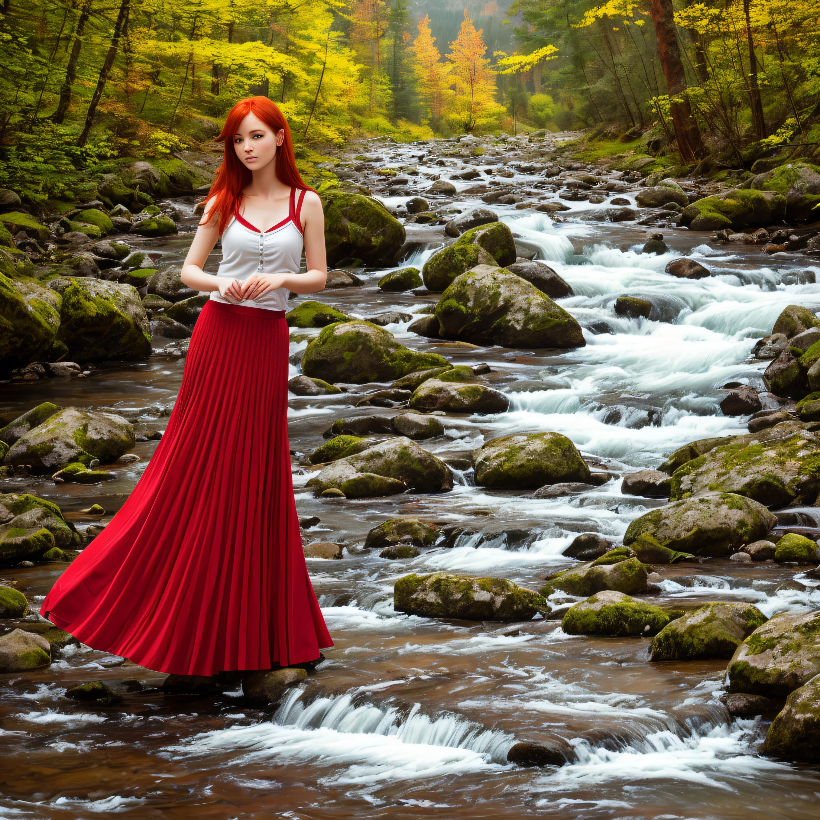 photorealestic，Red-haired women，long  skirt，mountain stream，rivulets，high high quality --auto