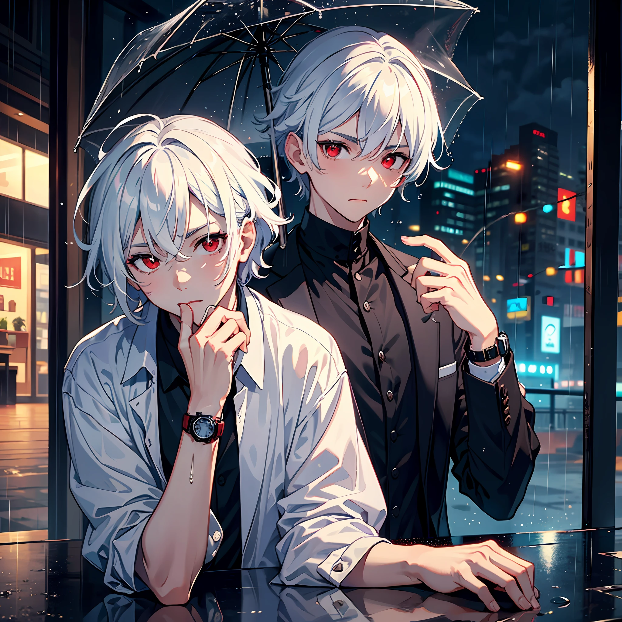 A boy with white hair and red eyes watches on a rainy day --auto