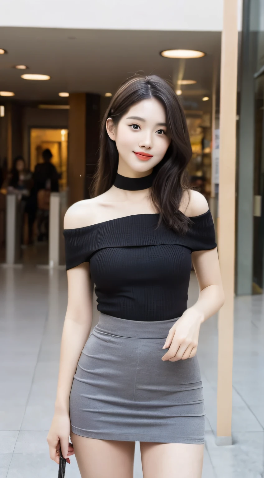 A girl around 27 years old,simplicity,Extremely beautiful and delicate,(light make-up),black color hair,A sweet smile,Delicate and beautiful fair skin,Realistic and realistic,exquisite and complete facial features,Detailed depiction of the face,tall nose bridge,Red lips,Beautiful, gentle and beautiful girl,Smooth hair,Extremely delicate hair,Feminine temperament,Fill your face light,hyper realisitc,photorealestic,8K quality,extremy detailed,Realistic details,Works of masters,Realistic to the extreme,big breasts body,Beautiful,Pure desire,Stunning beauty,Peerless beauty,Highest image quality,8K分辨率,goddes,ssmile,Fine facial features,Hair over the shoulder,A brown-haired,Large long thick legs,(((High-waisted French top))),(((short skirt))),rays of sunshine,facing at camera,The body is well-proportioned and firm,Gentle eyes,exposing thighs,stand posture,Stand inside the mall,Full body photo
