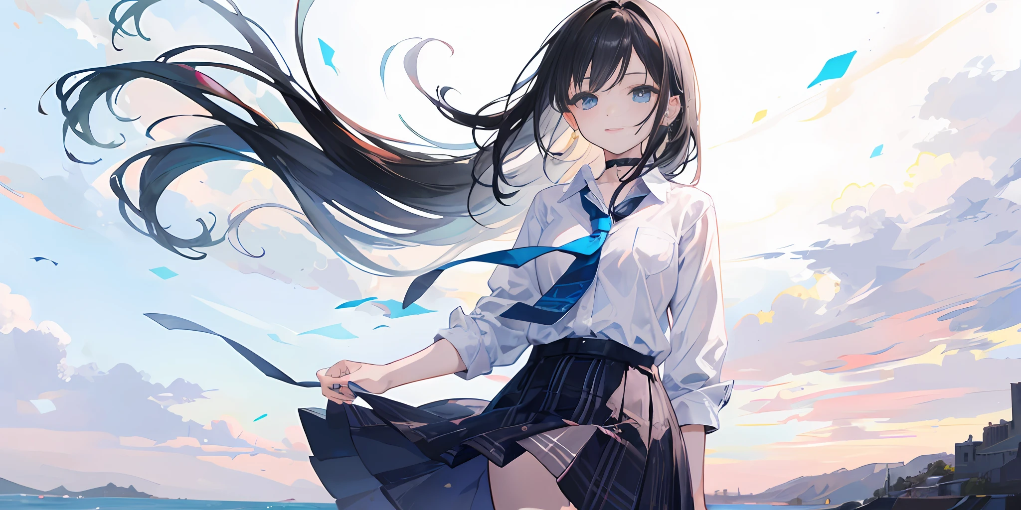 ​masterpiece, top-quality, hight resolution, , 1girl in, Black hair, length hair, Dark hair, Blue eyes, jewely, 耳Nipple Ring, piercings, 校服, white  shirt, Tied shirt, a black choker, blue tie, Plaid skirt, show the grinps, a smile, is standing, cowboy  shot, plein air、The wind is blowing、Hair swaying in the wind、Incredibly precise、very extremely beautiful
