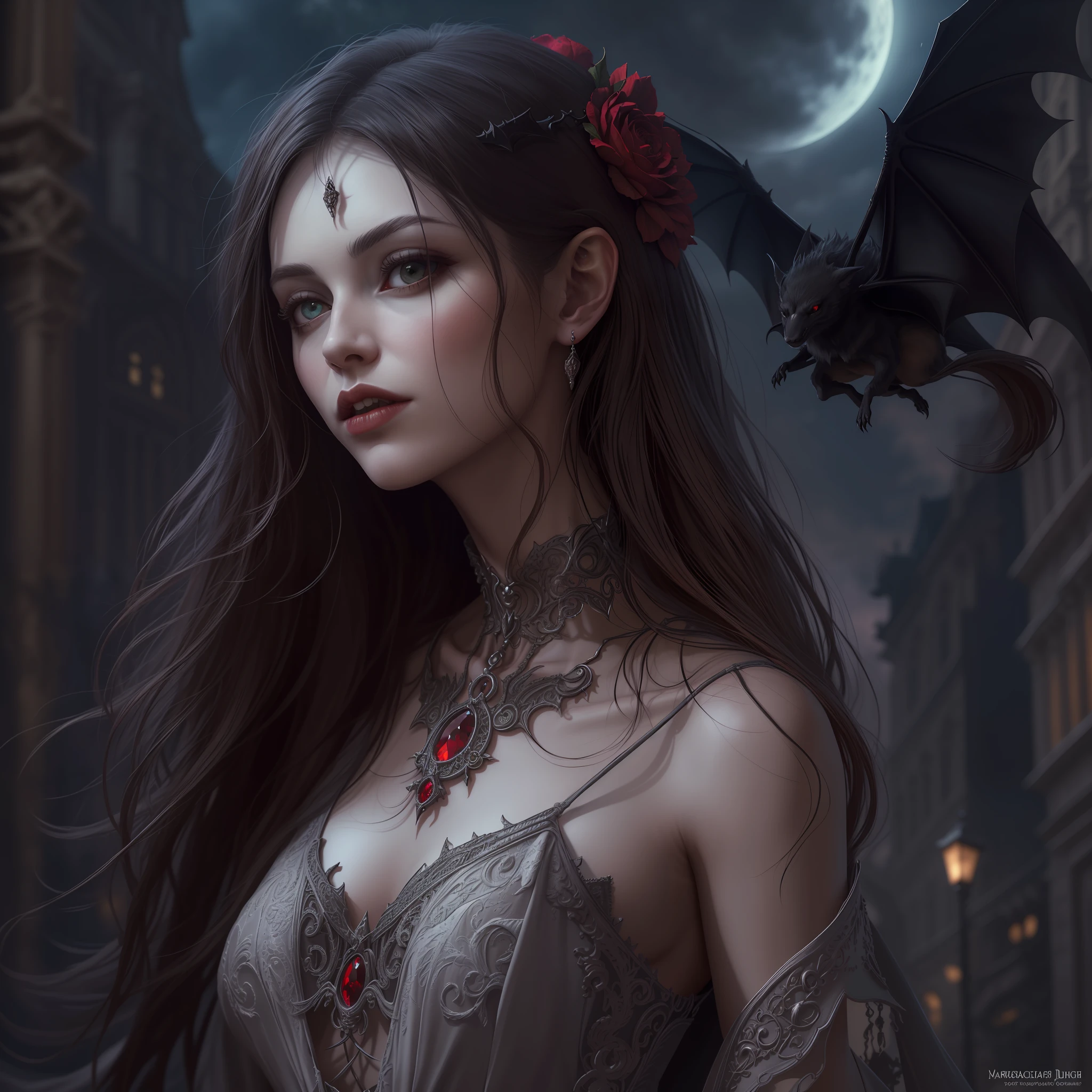 arafed, dark fantasy art, gothic art, (masterpiece:1.5), full body best details, highly detailed, best quality, highres, full body portrait of a vampire, elf (1.6, Masterpiece, best quality), ultra feminine (1.4 intricate details, Masterpiece, best quality) with a long curvy hair, dark color hair, red eyes (1.3 fantasy art, Masterpiece, best quality), ((beautiful delicate face)), Ultra Detailed Face (1.4 intricate details, fantasy art, Masterpiece, best quality), [visible sharp vampiric fangs] (1.6 intricate details, fantasy art, Masterpiece, best quality), [anatomically correct] red cloak, flowing cloak (1.4 intricate details, fantasy art, Masterpiece, best quality), wearing an intricate leather [white] dress (1.4 intricate details, gothic art, Masterpiece, best quality), high heeled boots, blood dripping on lips, urban background (intense details, beat details), fantasy, at night light, natural ,moon light, soft moon light, moon rays, clouds, gothic atmosphere, gothic street background, bats flying in background, soft light, dynamic light, [[anatomically correct]], high details, best quality, 8k, [ultra detailed], masterpiece, best quality, (extremely detailed), dynamic angle, ultra wide shot, RAW, photorealistic 3D rendering