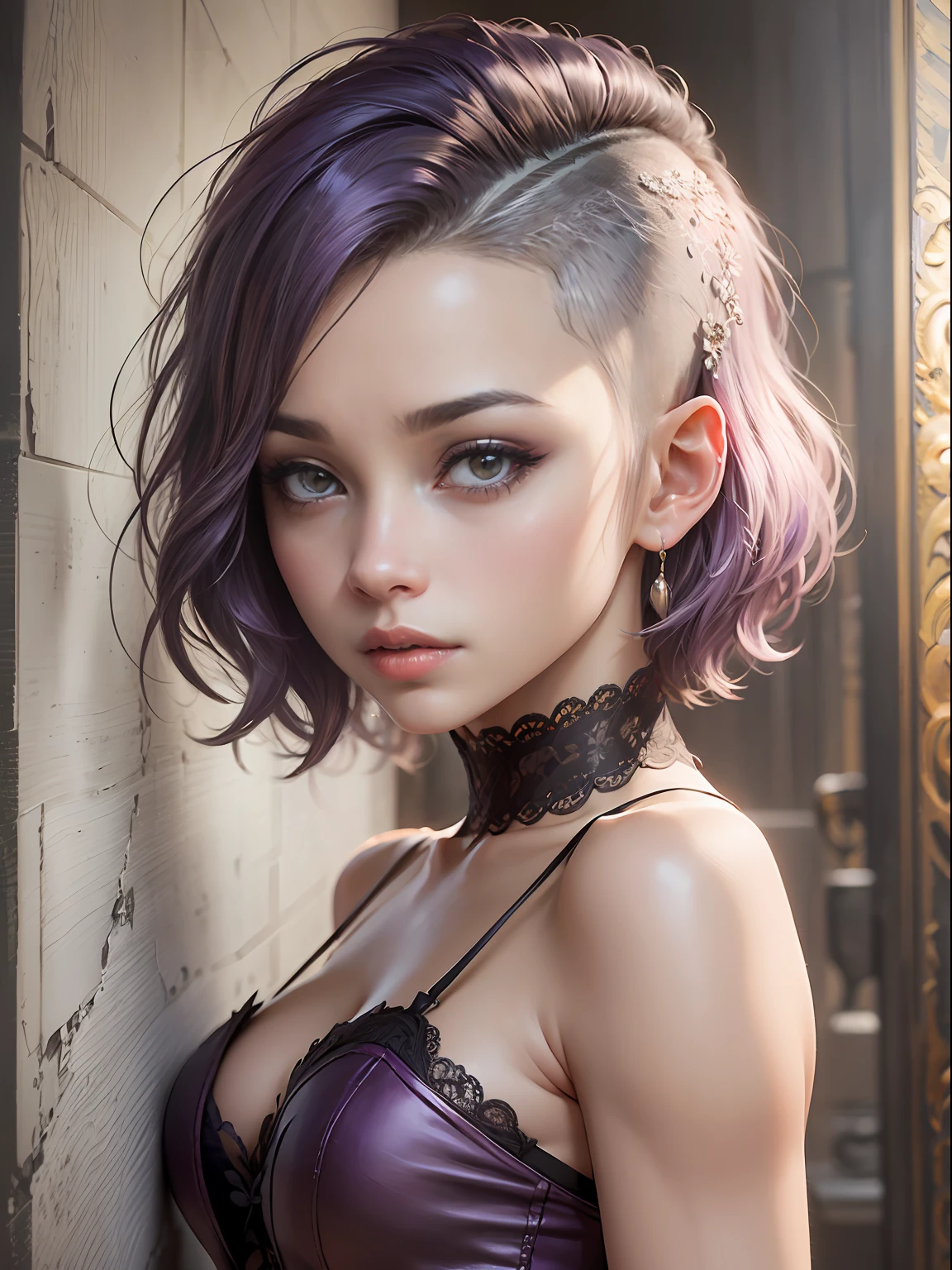 Portrait of a beautiful girl, greyt hair、Short straight hair、(Side Buzz Cut:1.3)、Lilac eyes、Bustier Dress、Raw feet、Alfonse Mucha, Hyper-Realism, drop shadow, depth of fields, Character Chart, hight resolution, awardwinning, ​masterpiece