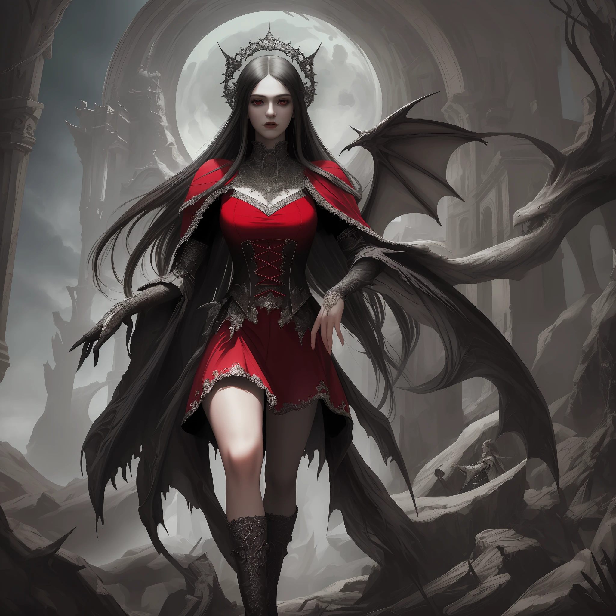 arafed, dark fantasy art, gothic art, (masterpiece:1.5), full body best details, highly detailed, best quality, highres, full body portrait of a vampire, elf (1.6, Masterpiece, best quality), ultra feminine (1.4 intricate details, Masterpiece, best quality) with a long curvy hair, dark color hair, red eyes (1.3 fantasy art, Masterpiece, best quality), ((beautiful delicate face)), Ultra Detailed Face (1.4 intricate details, fantasy art, Masterpiece, best quality), [visible sharp vampiric fangs] (1.6 intricate details, fantasy art, Masterpiece, best quality), [anatomically correct] red cloak, flowing cloak (1.4 intricate details, fantasy art, Masterpiece, best quality), wearing an intricate leather [white] dress (1.4 intricate details, gothic art, Masterpiece, best quality), high heeled boots, blood dripping on lips, urban background (intense details, beat details), fantasy, at night light, natural ,moon light, soft moon light, moon rays, clouds, gothic atmosphere, gothic street background, bats flying in background, soft light, dynamic light, [[anatomically correct]], high details, best quality, 8k, [ultra detailed], masterpiece, best quality, (extremely detailed), dynamic angle, ultra wide shot, RAW, photorealistic 3D rendering