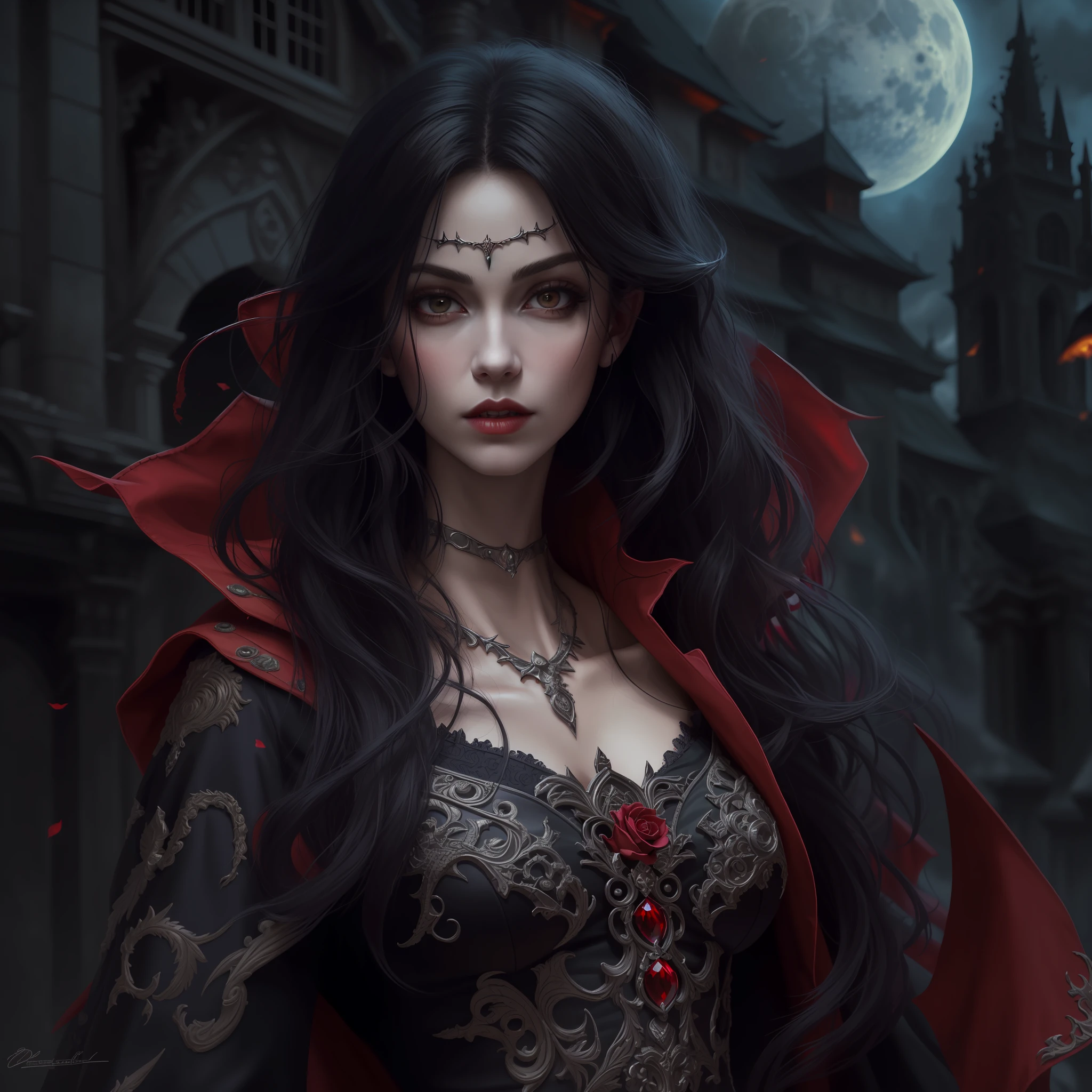 arafed, dark fantasy art, gothic art, (masterpiece:1.5), full body best details, highly detailed, best quality, highres, full body portrait of a vampire, elf (1.6, Masterpiece, best quality), ultra feminine (1.4 intricate details, Masterpiece, best quality) with a long curvy hair, dark color hair, red eyes (1.3 fantasy art, Masterpiece, best quality), ((beautiful delicate face)), Ultra Detailed Face (1.4 intricate details, fantasy art, Masterpiece, best quality), [visible sharp vampiric fangs] (1.6 intricate details, fantasy art, Masterpiece, best quality), [anatomically correct] red cloak, flowing cloak (1.4 intricate details, fantasy art, Masterpiece, best quality), wearing an intricate leather [white] dress (1.4 intricate details, gothic art, Masterpiece, best quality), high heeled boots, blood dripping on lips, urban background (intense details, beat details), fantasy, at night light, natural ,moon light, soft moon light, moon rays, clouds, gothic atmosphere, gothic street background, bats flying in background, soft light, dynamic light, [[anatomically correct]], high details, best quality, 8k, [ultra detailed], masterpiece, best quality, (extremely detailed), dynamic angle, ultra wide shot, RAW, photorealistic