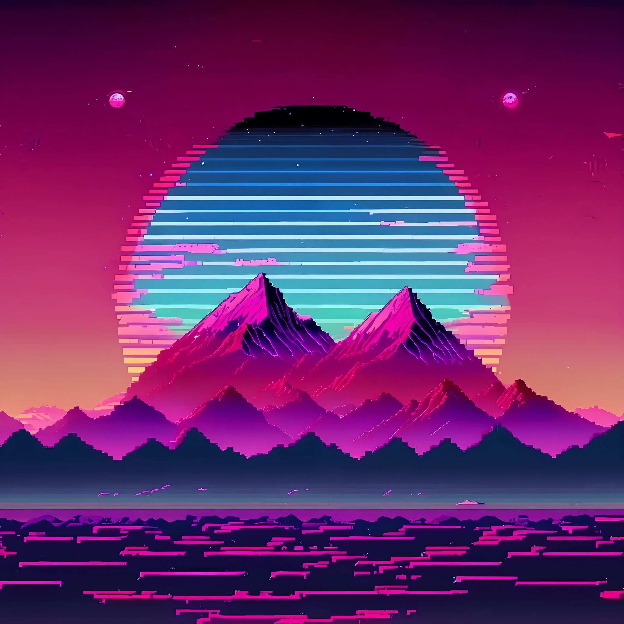 （retrowave：1）k hd，4K，pix，Sense of space，Sense of perspective，Depth，Steam waves，Retro，themoon，mountain ranges