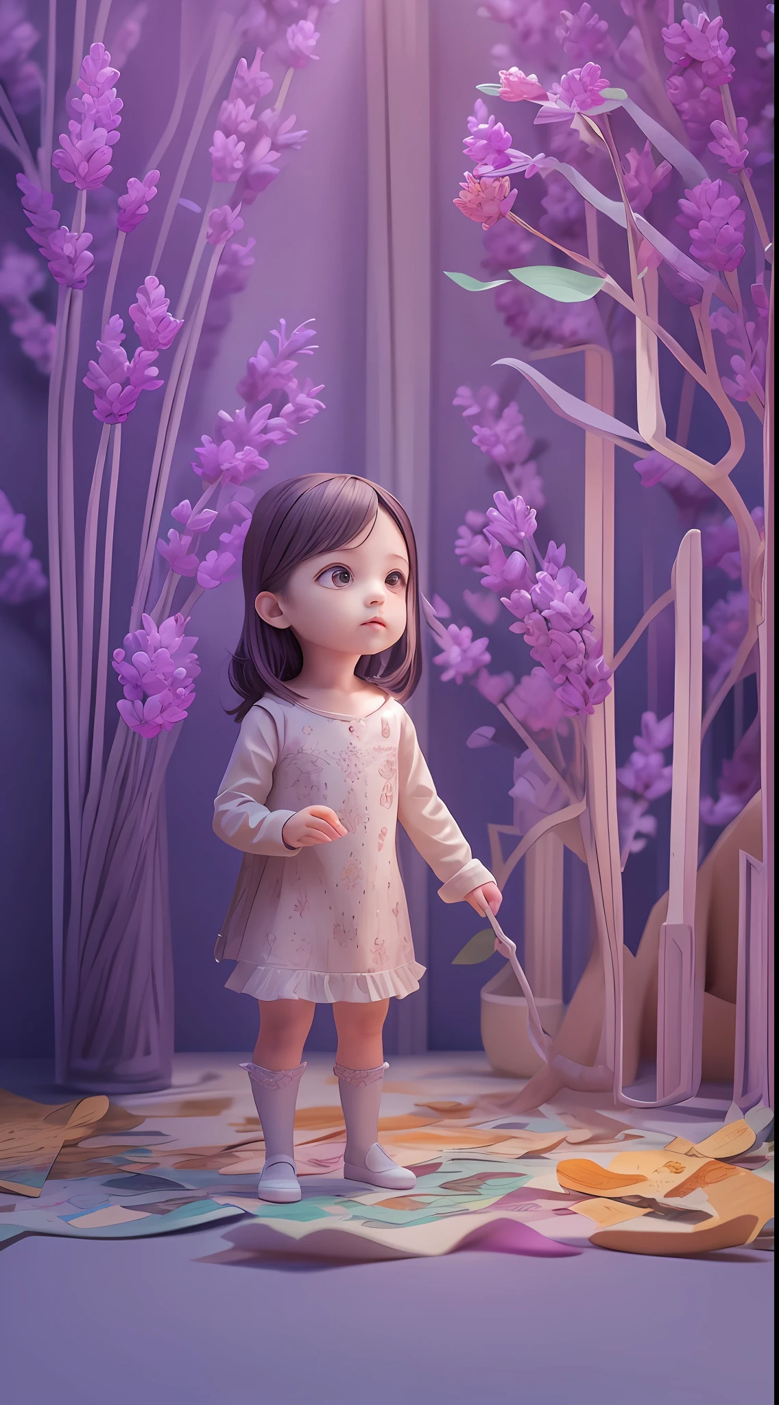 illustration: 1.3), paper art, 3D rendering of, Colorful background, (cute female child: 1.3), (Masterpiece lavender: 1.2) , Colorful, Best quality, Detailed details, Masterpiece, offcial art, movie light effect, 4K, Chiaroscuro , Flash