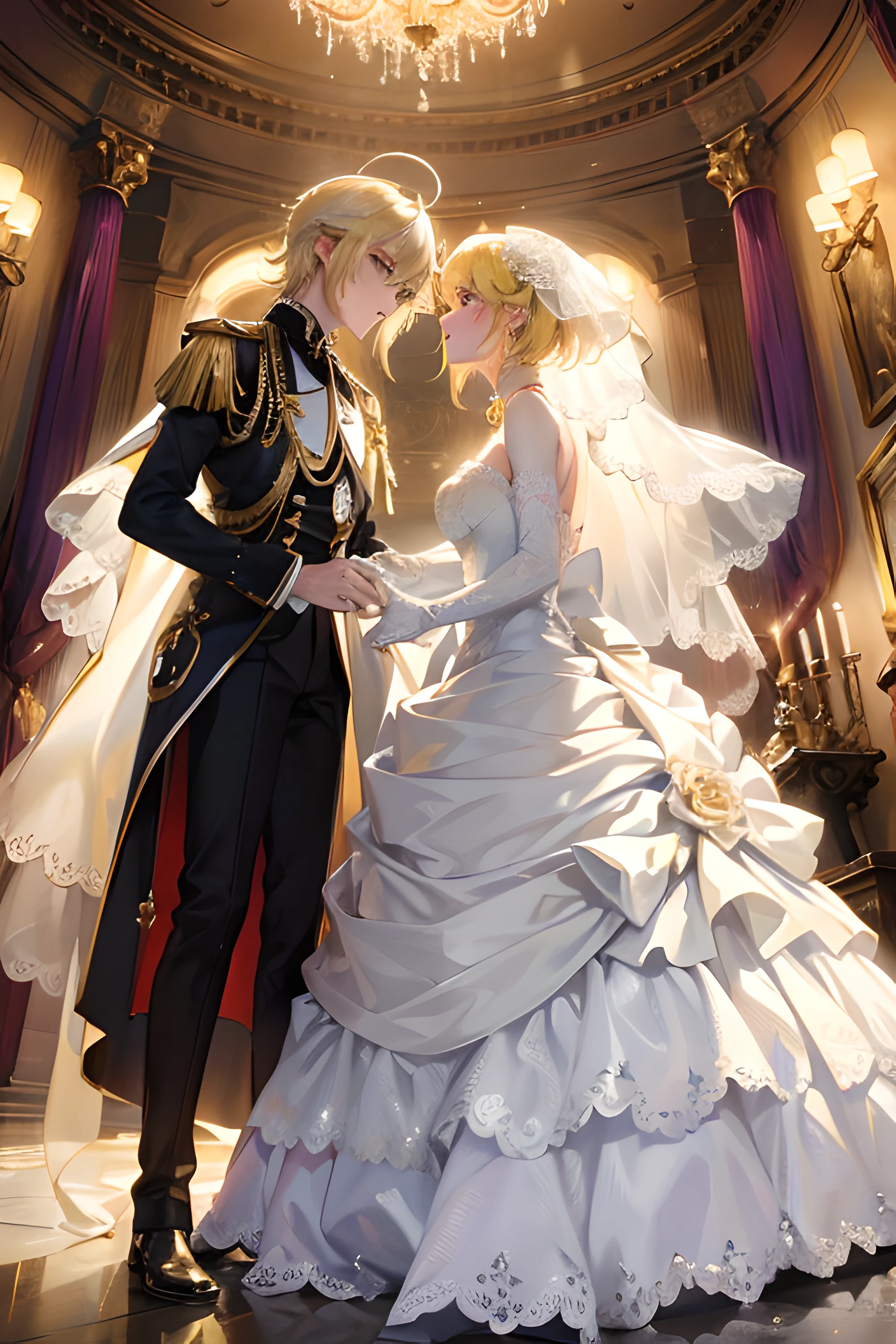 tmasterpiece,1 girlirl，1 boy，（ssmile），（Look at each other），（delicated face），Light yellow hair，Ultra detailed, (Detailed drawn hands), (best qualtiy)，（（tmasterpiece）） Wedding princess dress，lens flare glow，Light yellow hair，Purple eye，，Pure side，good-looking face，Full body like，Look at each other affectionately，A flowing wedding dress，gossamer。ssmile,Stand face to face，white wedding gown，Look at each other，Look at each other，Stylish wedding dresses，tailcoat，leather shoes，Enchanting,white business suit，