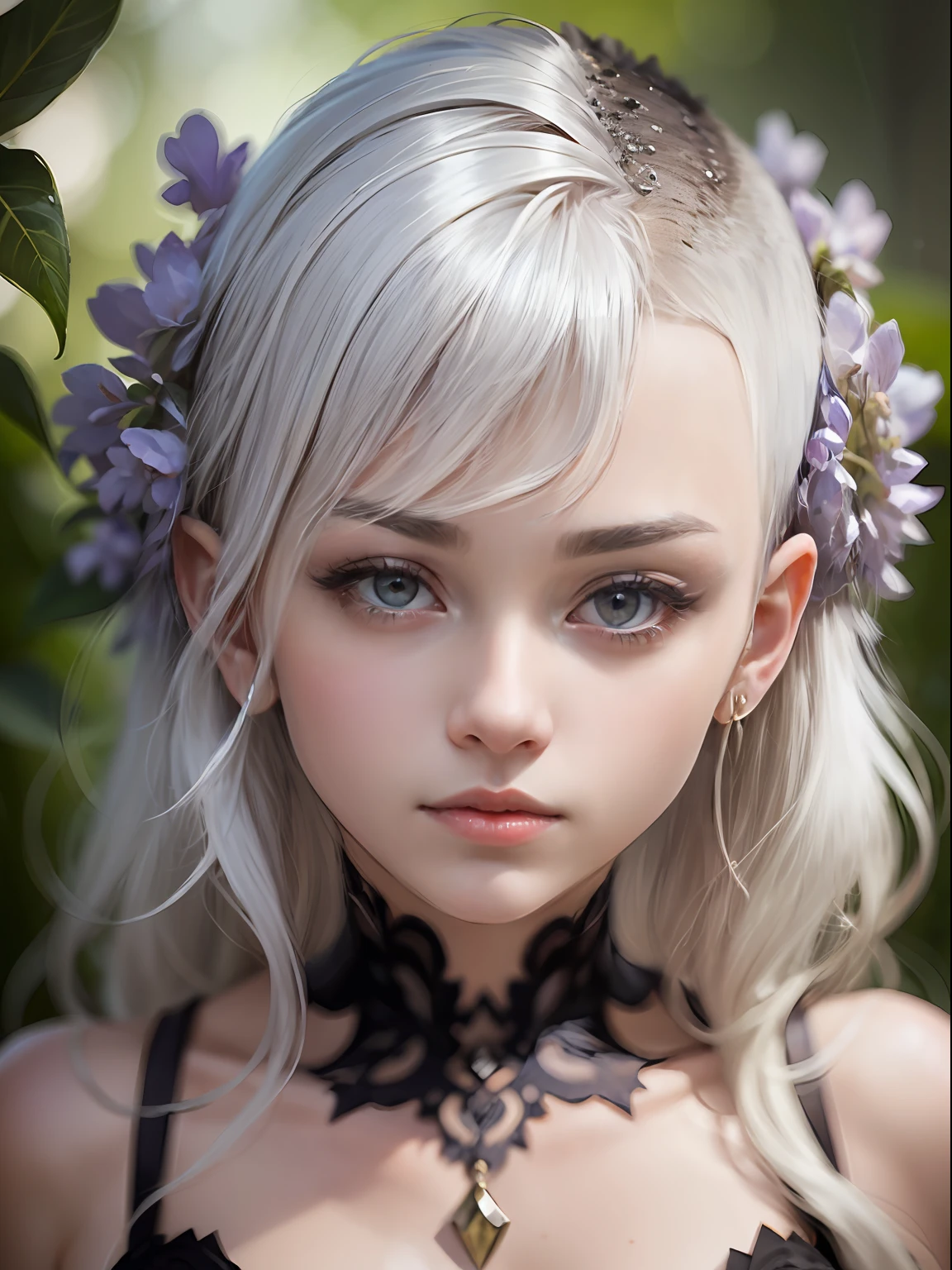 Portrait of a beautiful girl, white hair、loose wavy hair、(Side Buzz Cut:1.3)、Lilac eyes、Bustier Dress、Raw feet、Alfonse Mucha, Hyper-Realism, drop shadow, depth of fields, Character Chart, hight resolution, awardwinning, masterpiece