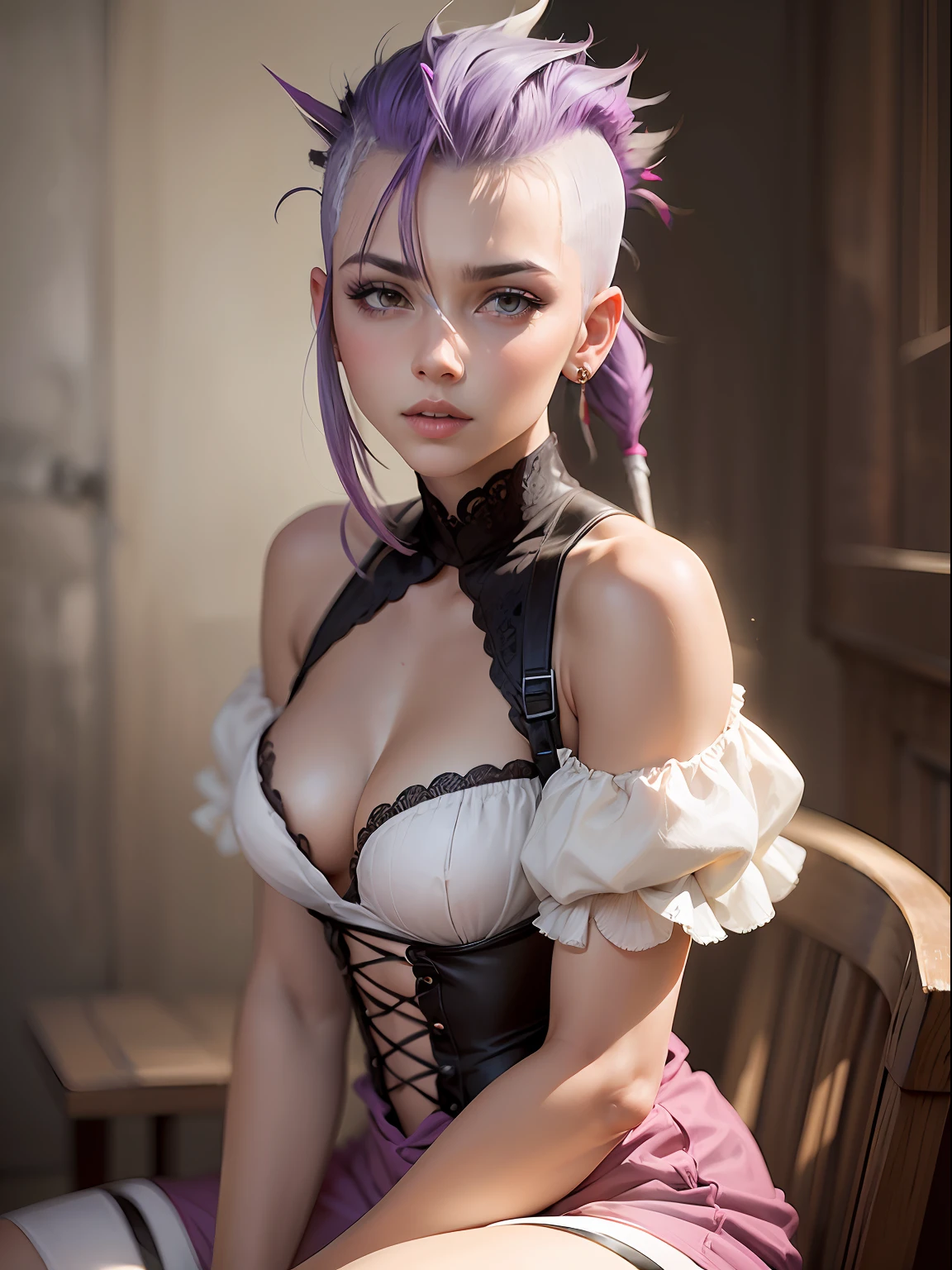 Portrait of a beautiful girl, white hair、(Mohican:1.5)、(Both side buzz cuts:1.2)、Lilac eyes、Bustier Dress、Raw feet、Alfonse Mucha, Hyper-Realism, drop shadow, depth of fields, Character Chart, hight resolution, awardwinning, masterpiece
