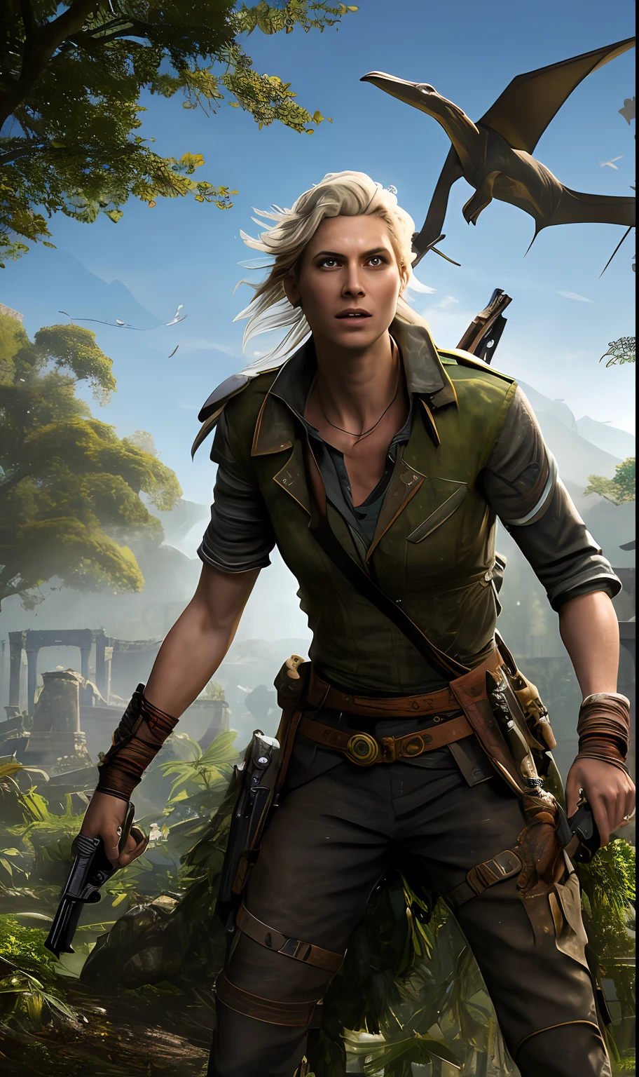 tmasterpiece,Best quality,A high resolution,Ellie Williams in a post-apocalyptic environment,Stand in the middle of a large field surrounded by overgrown greenery,a beautiful woman,Riding a wild prehistoric cat,looking at viewert,Holding a weapon,A determined expression appeared on his face,(full bodyesbian), (the face:1.2), An ancient city is shown in the background,Covered with dense foliage and forest,Huge pterosaurs flew through the air,You can see the remains of the building through the greenery、rays of sunshine、sun rays peeking through the trees,Unique fusion of nature,Reclaim the ruins of the former city and the city that once stood,concept-art,Naughty Dog Studio,Highly detailed face,Popular on artstation,Popular on CGsociety,复杂,high detal,highly detailed,Sharp focus,dramatics,realisticlying,realisticlying,sci-fy,fanciful,rendering by octane,ROW photo,depth of fields,rays of sunshine,