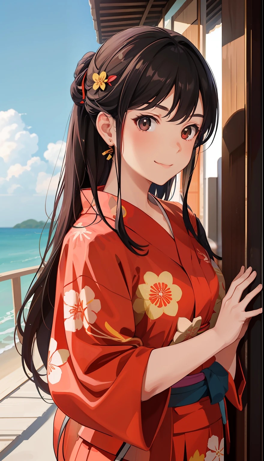 1girl em、um sorriso、summer festival、Foguete、Usando um yukata、(Retrato da parte superior do corpo)、