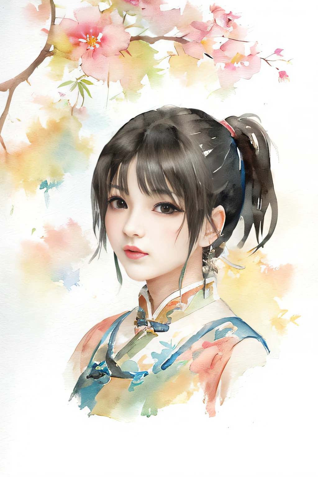 (upper body: 1.5),(white background:1.4), ((tachi-e)), original,(illustration:1.1),(best quality),(masterpiece:1.1),(extremely detailed CG unity 8k wallpaper:1.1), (colorful:0.9),(panorama shot:1.4),(full body:1.05),(solo:1.2), (ink splashing),(color splashing),((watercolor)), clear sharp focus,{ 1girl standing },((chinese style )),flower background,outdoors,rocks, looking at viewer, make happy expressions,soft smile,pure,beautyfull detailed face and eyes,beautyfull intricacy clothing decorative pattern details, black hair,black eyes,colorwater