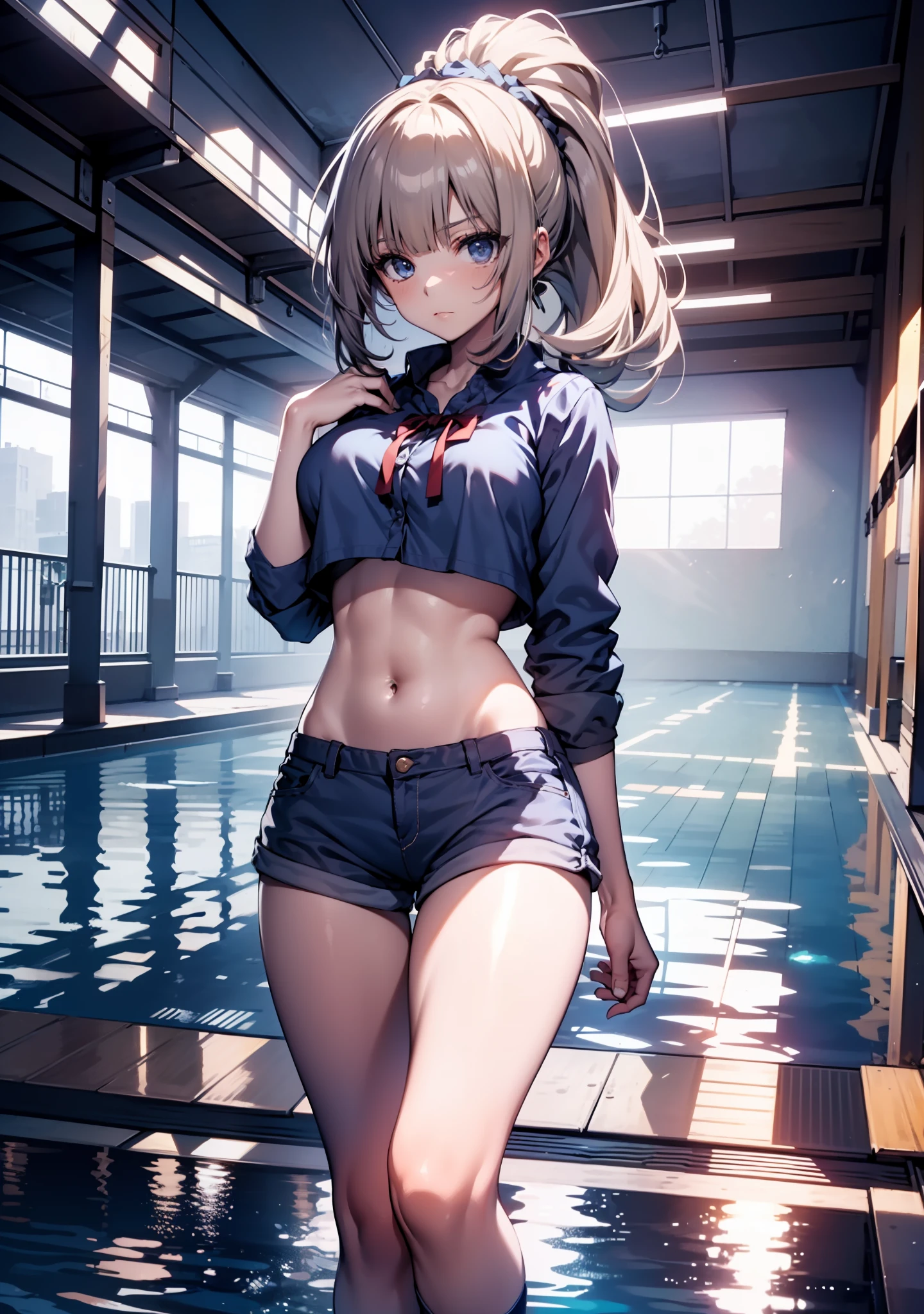 Masterpiece, high quality, best lighting, 1girl, karuizawa kei, long hair, ponytail, crop top, underboob, cowboy shot, ((mini short pants)), (perfect body), (((big thigh))), looking at viewer, standing, pool