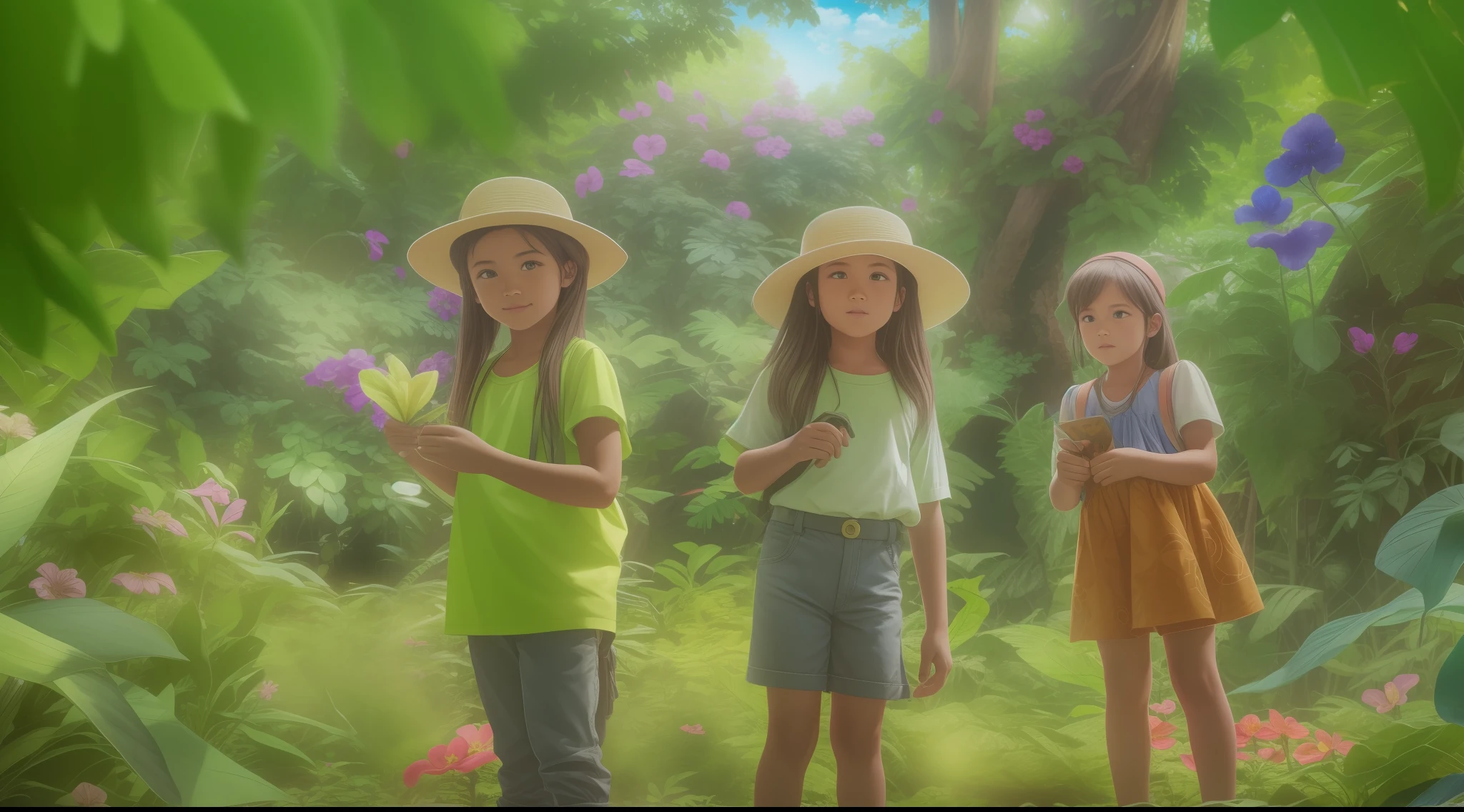 raw photo, ARRI, flower garden background in the jungle, a few club kids, tree climbing, azure sky, treasure map,