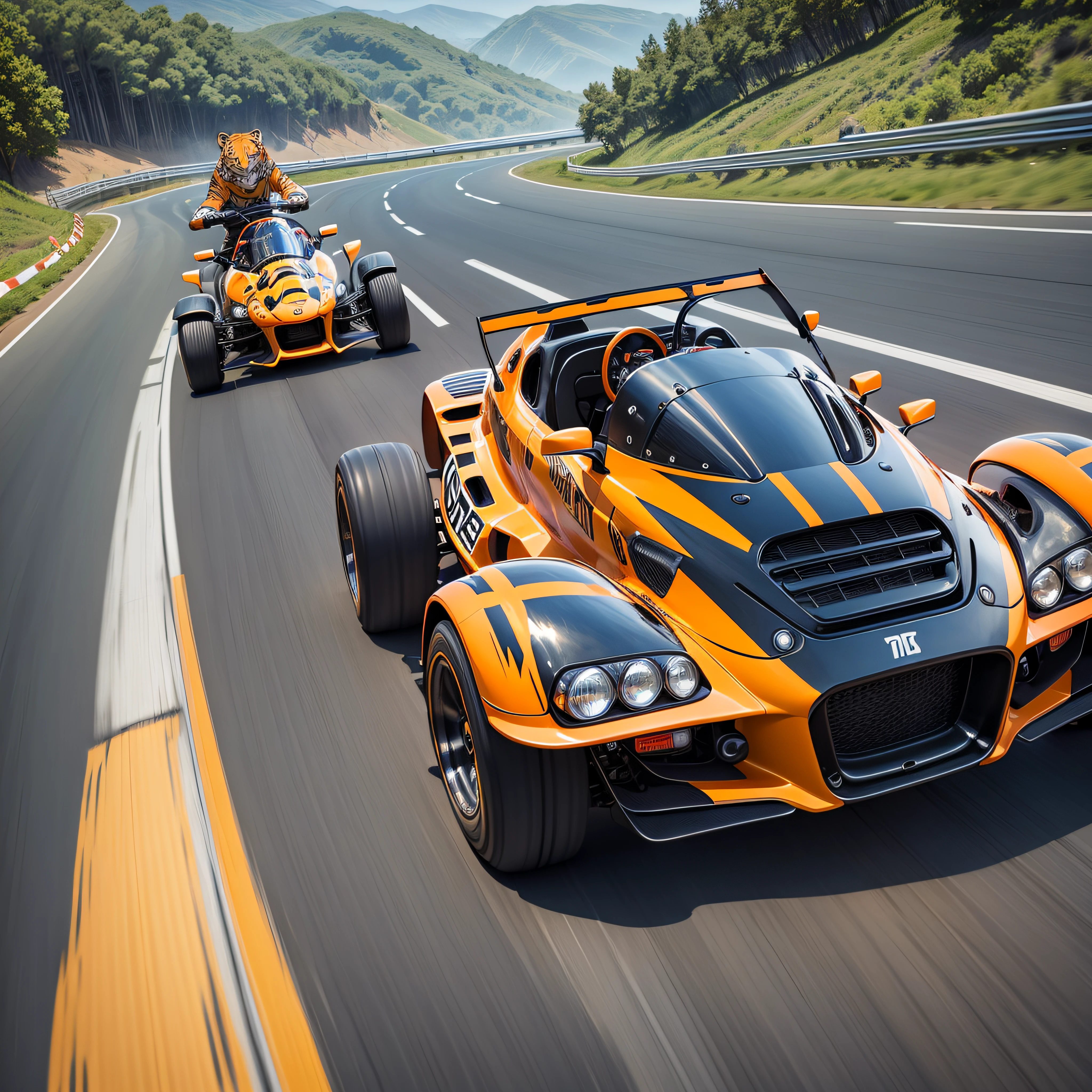 Vehicle Exterior: This kart should have a gorgeous and unique tiger skin. Its overall color can be a combination of orange and black to mimic the tiger's markings. Black stripes or spots can be used on various parts of the body to highlight the effect of tiger skin.

Body design: The shape of a go-kart can be typical of a go-kart, low and compact. The body can be streamlined, giving a sense of movement and speed. Some sporty style details can be added, such as enlarged wheel arches, aerodynamically designed front/rear surrounds, etc.

Tiger Elements: To further emphasize the tiger theme, a pair of tiger eyes can be added to the front of the kart. These eyes can have a shining appearance, giving a feeling of strength and majesty. In addition, a large tiger's tail pattern can be added to the rear of the car to make the whole vehicle more vivid.

Flying Tiger Kart Club Title: On the side or top of the kart, add the title "Flying Tiger Kart Club". You can use large fonts to display the name of the club in a prominent way. The color of the font can be chosen to coordinate with the theme of the kart, such as black or orange.

Background and environment: To make the picture more interesting, you can add elements to the background, such as a track, other go-karts, or spectator seats. The background can be designed according to your imagination to complement the go-kart and the theme. --auto --s2