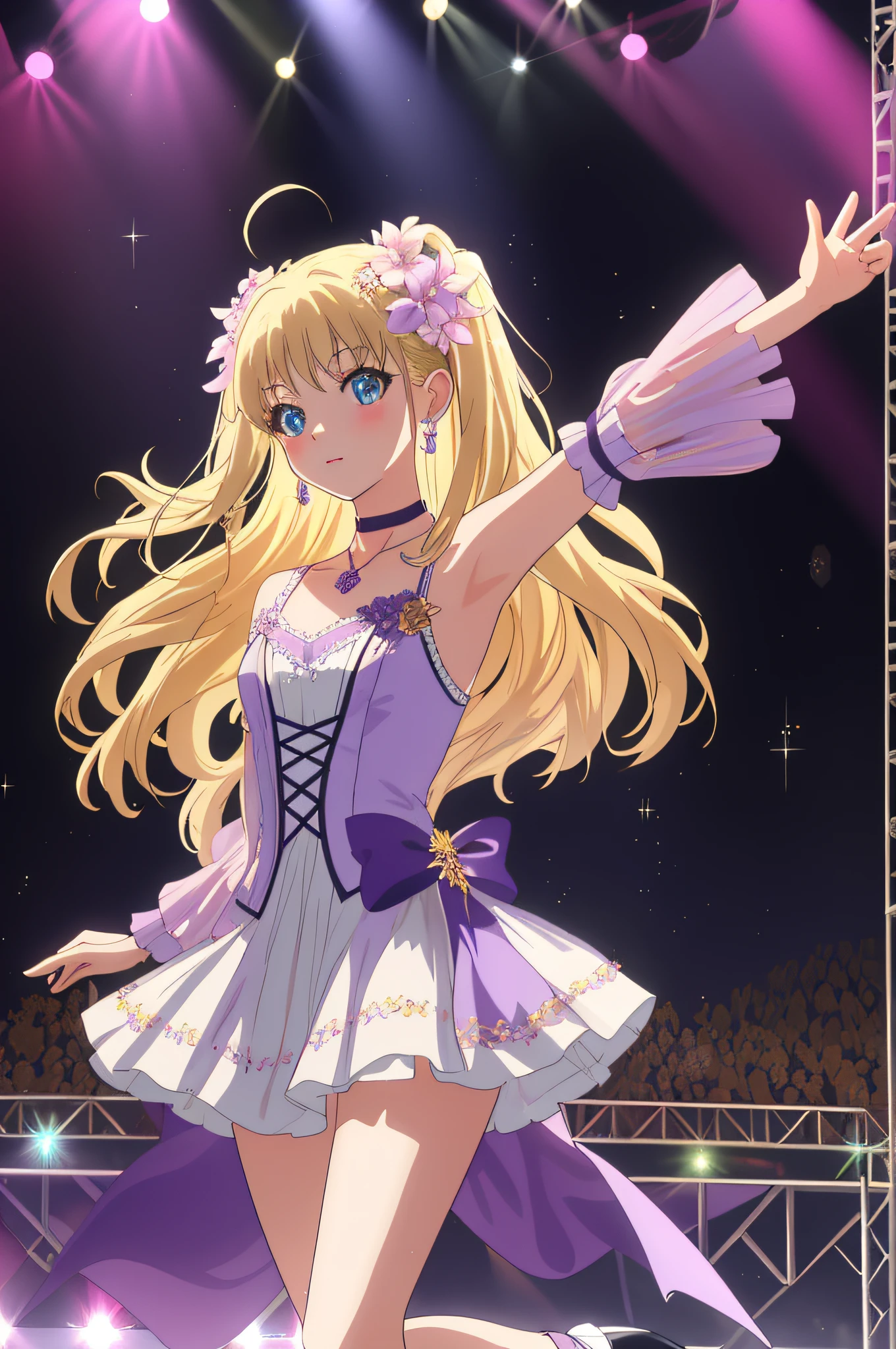 8K,best qualtiy,tmasterpiece,anime big breast,1girll,blond hairbl,cuteexpression,Gorgeous hair accessories,Head flower,a beauty girl,Tall figure,flatchest,耳Nipple Ring,choker necklace,fully body photo,Purple and white princess dress,high-heels,Normal attire,singers,A gorgeous stage background,stage lighting,Fantasy atmosphere,frontal photos,seen from the front,The stage is shining