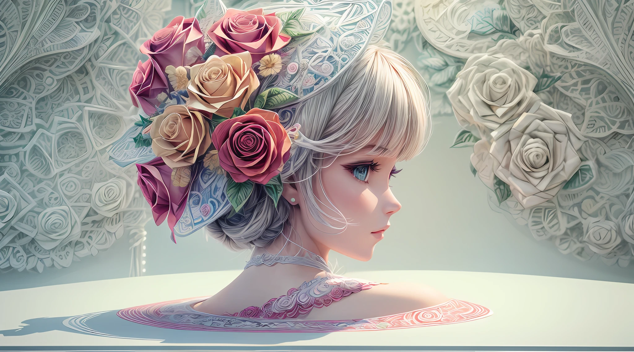 （symetry:1.5)，（Side line of beauty:1.3)，(Colorful roses flowers:1.2)，White background，paper art，a 3D render，extremely detaile, in Spring， (zentangle:1.2), (geomerty:1.2)，Cinematic lighting effects，4K，Masterpiece，