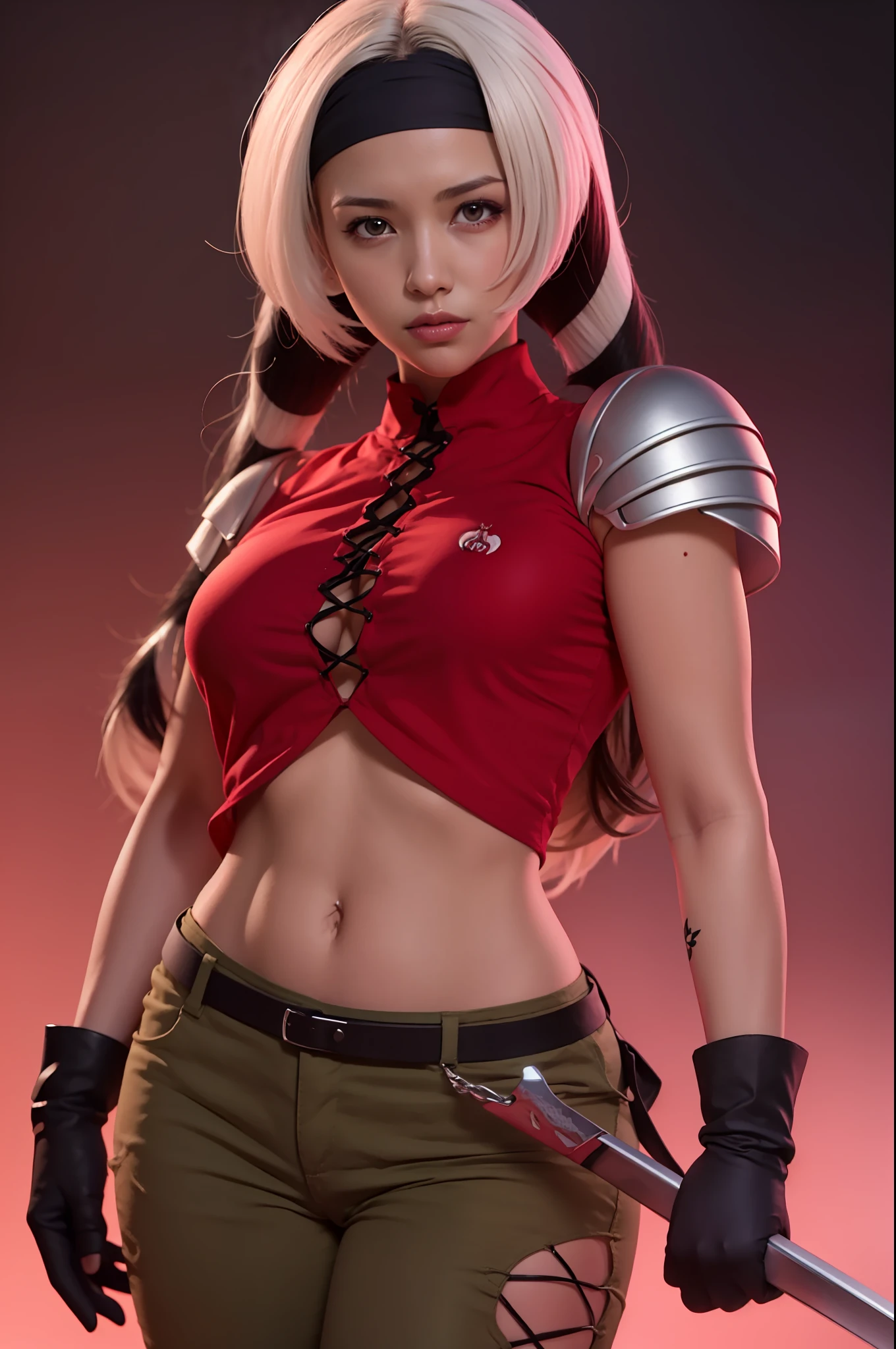 1girl, (FoxyMs:1.3), senos grandes, cintura estrecha, cinta, Guantes, pantalones caqui, Pauldron, ombligo, Camisa roja, Camisa abierta, espada, dark skin, realista, Foto RAW, Cinematic Lights, 8k