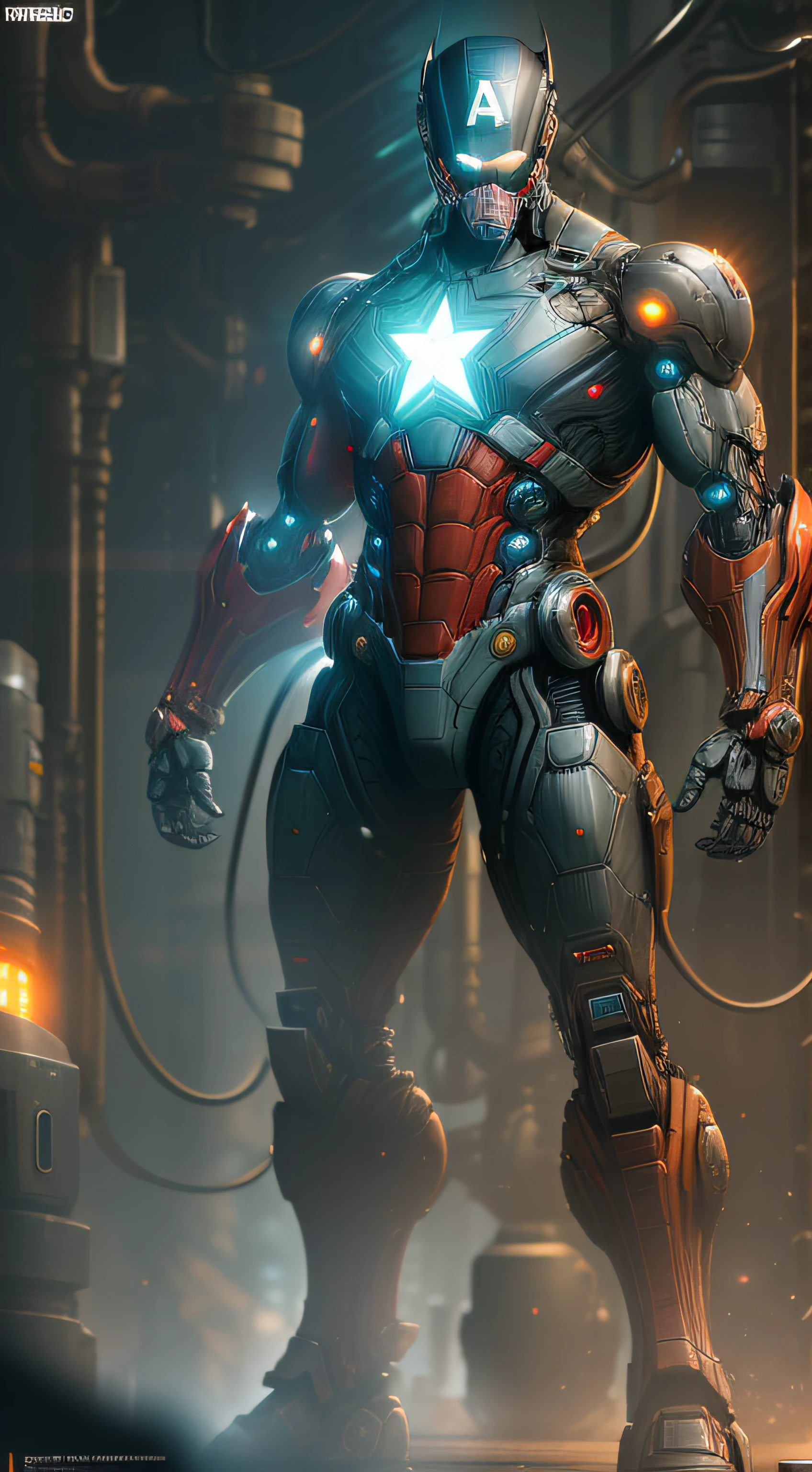 Captain America-Biodroid from Marvel photography, biomechanical, complex robot, full growth, hyper-realistic, insane small details, extremely clean lines, cyberpunk aesthetic, a masterpiece presented at Zbrush Central