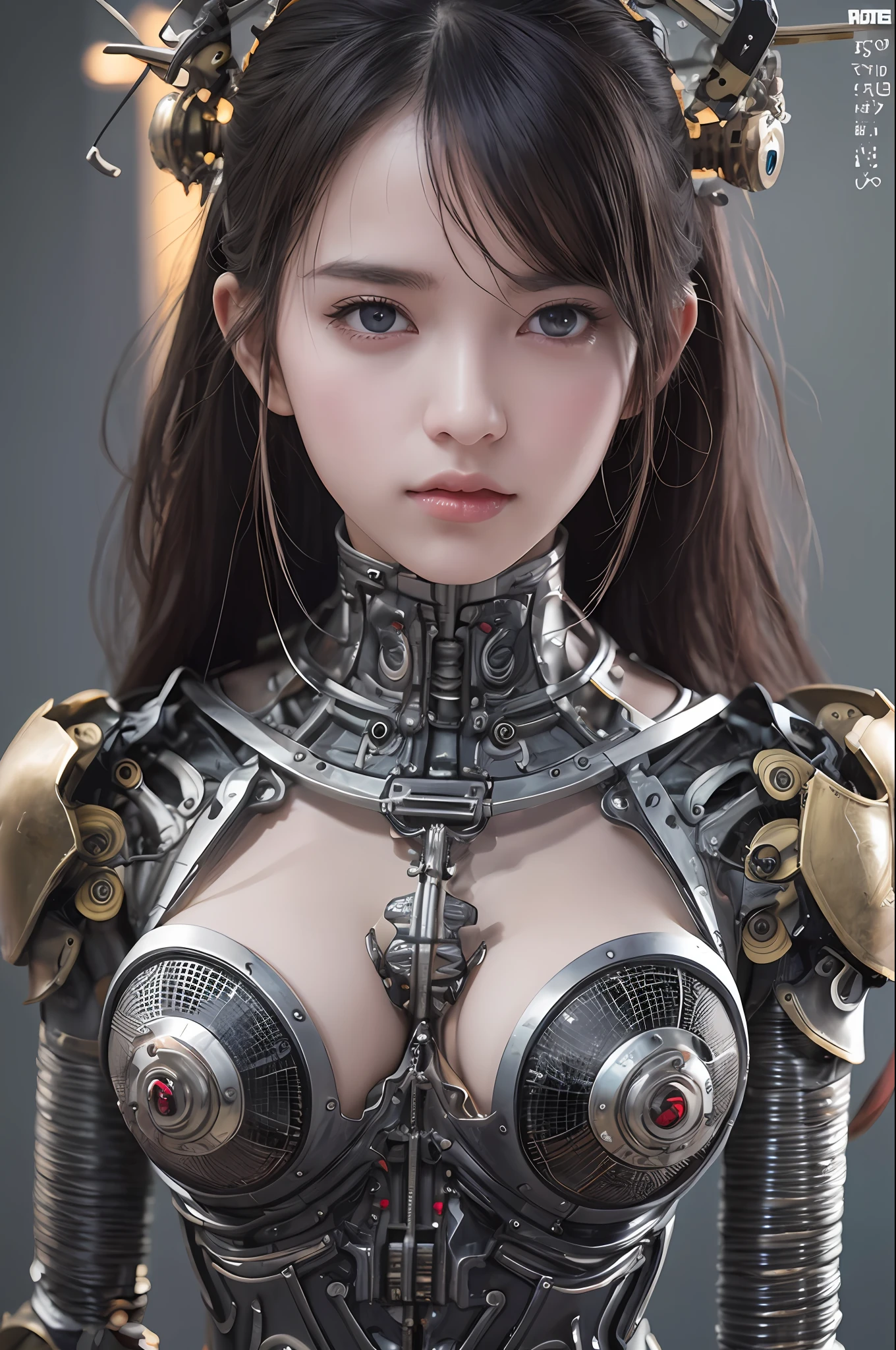 Top Quality, Masterpiece, Ultra High Resolution, (Photorealistic: 1.4), Raw Photo, 1 Girl, Black Hair, Glossy Skin, 1 Mechanical Girl, (Ultra Realistic Detail)), Portrait, Global Illumination, Shadows, Octane Rendering, 8K, Ultra Sharp, Big, Cleavage Exposed Raw Skin, Metal, Intricate Ornament Details, Japan Details, Very intricate details, realistic light, CGSoation trend, purple eyes, glowing eyes, facing the camera, neon details, mechanical limbs, blood vessels connected to the tube, mechanical vertebrae attached to the back, mechanical cervical attachment to the neck, sitting, wires and cables connecting to the head, gundam, small LED lamps,