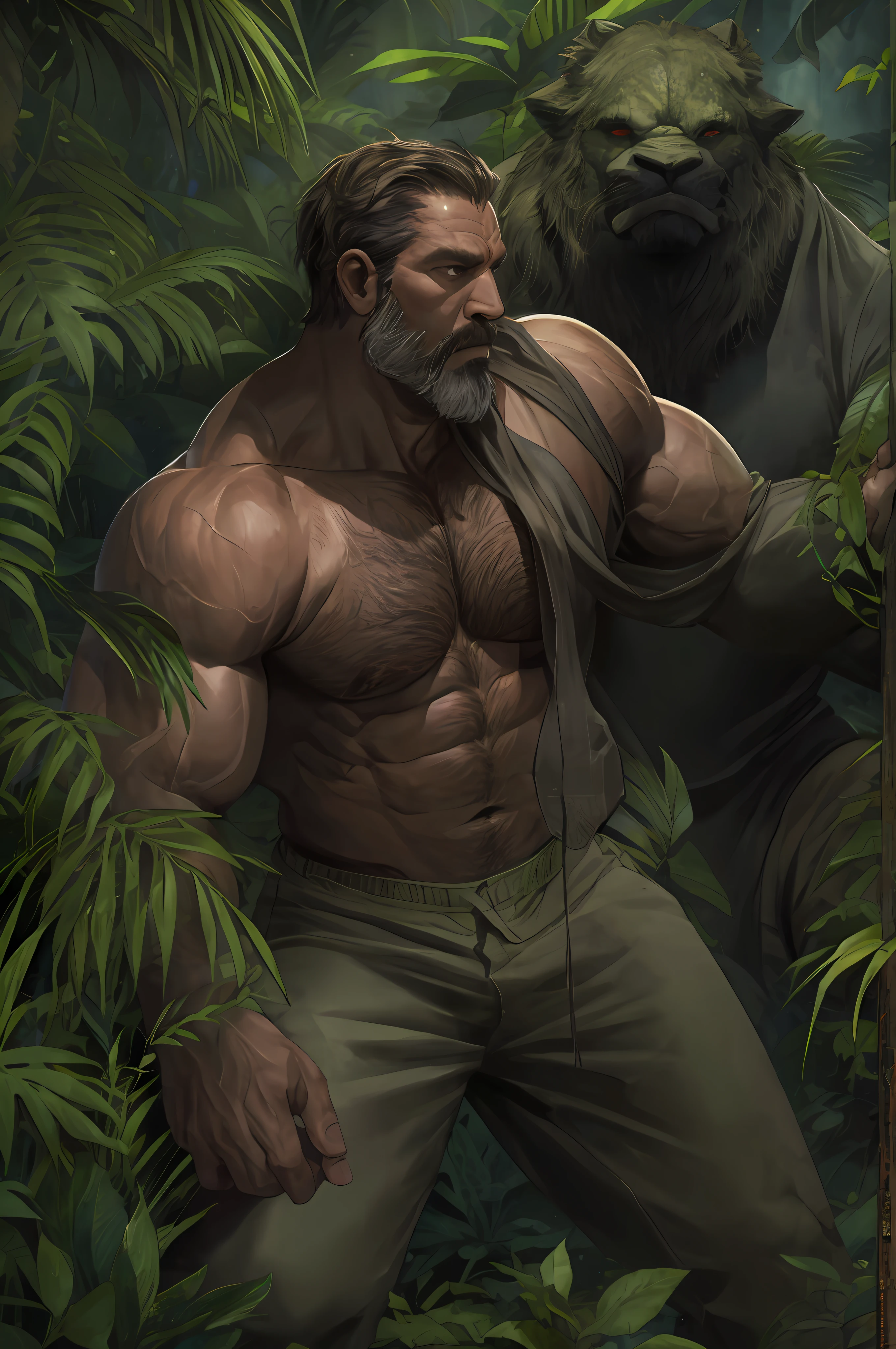 "(muscular, middle-aged man:1.2), dense and untamed jungle, intense and foreboding atmosphere."