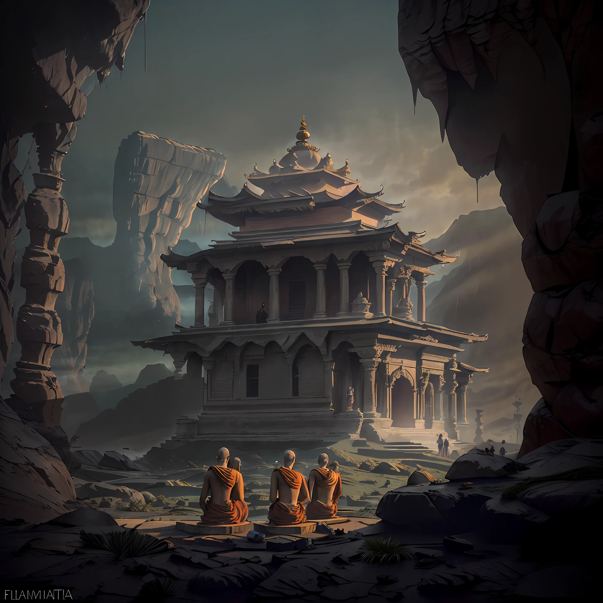 Temple in an indian mountain village with Indian Sadhus Monks in meditatiing in front of temple. Cinematic lighting, Cinematic Movie Photograph, Arri Alexa, Extremely Detailed, smooth, very very clean, simple, 8K, octane render, maya render, unreal engine, trending on artstation, DSLR, excellent composition, moody, amidst caves in background, Dramatic lighting , misty., Flimy frame,Cinematic,Dawn Time.