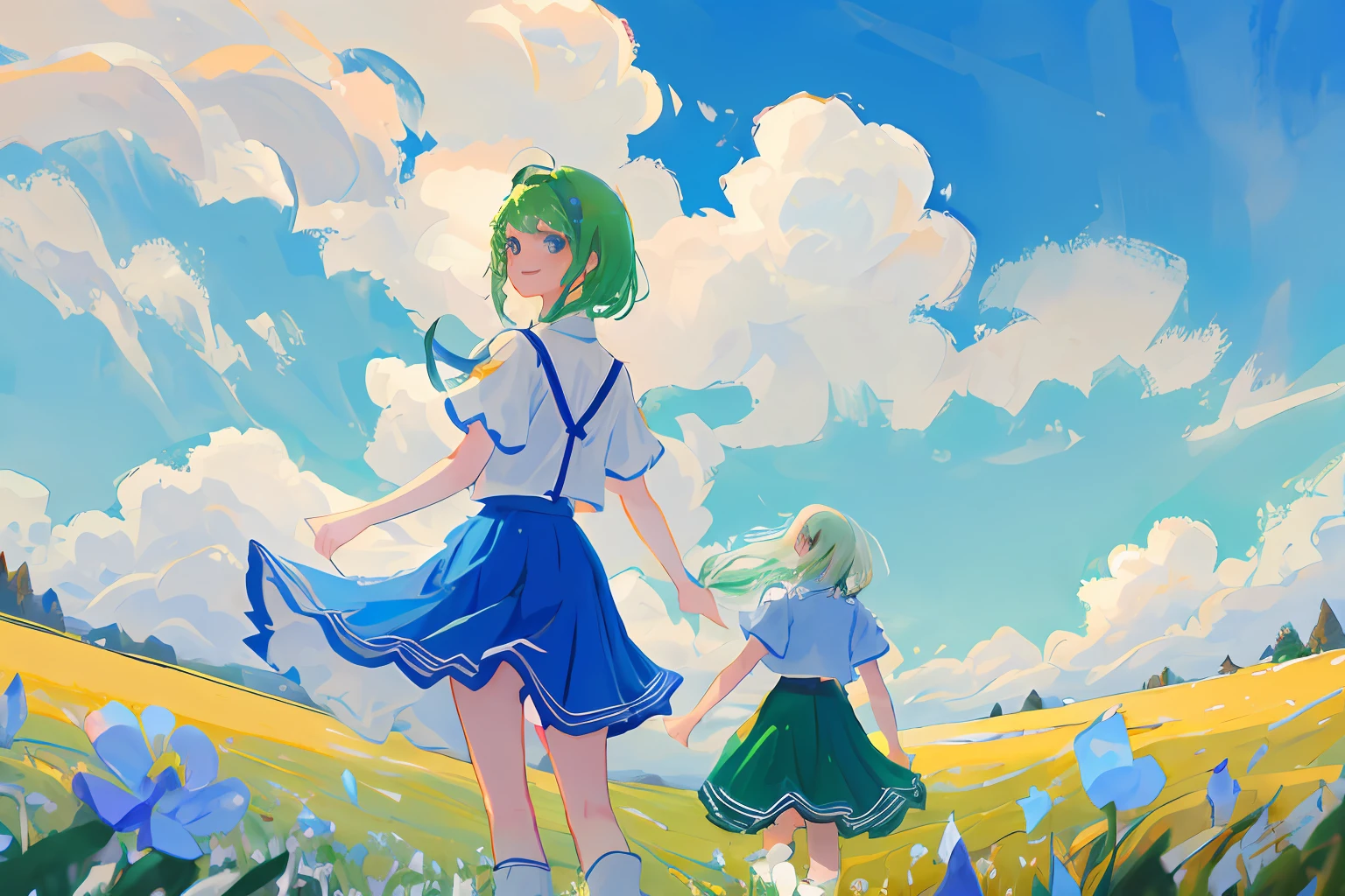 with blue sky and white clouds,Flowers,grassy fields,8K,tmasterpiece,:1.5 Green hair,teens girl,Turn Back,ssmile,blue skirts,white skinned,