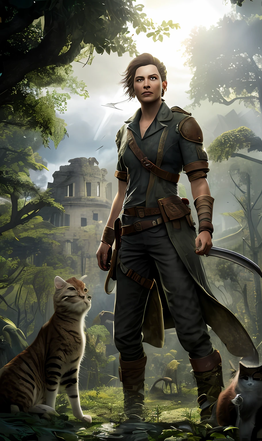 tmasterpiece,Best quality,A high resolution,Ellie Williams in a post-apocalyptic environment,Stand in the middle of a large field surrounded by overgrown greenery,a beautiful woman,Riding a wild prehistoric cat,looking at viewert,Holding a weapon,A determined expression appeared on his face,(full bodyesbian), (the face:1.5), An ancient city is shown in the background,Covered with dense foliage and forest,Huge pterosaurs flew through the air,You can see the remains of the building through the greenery、rays of sunshine、sun rays peeking through the trees,Unique fusion of nature,Reclaim the ruins of the former city and the city that once stood,concept-art,Naughty Dog Studio,Highly detailed face,Popular on artstation,Popular on CGsociety,复杂,high detal,highly detailed,Sharp focus,dramatics,realisticlying,realisticlying,sci-fy,fanciful,rendering by octane,ROW photo,depth of fields,rays of sunshine,