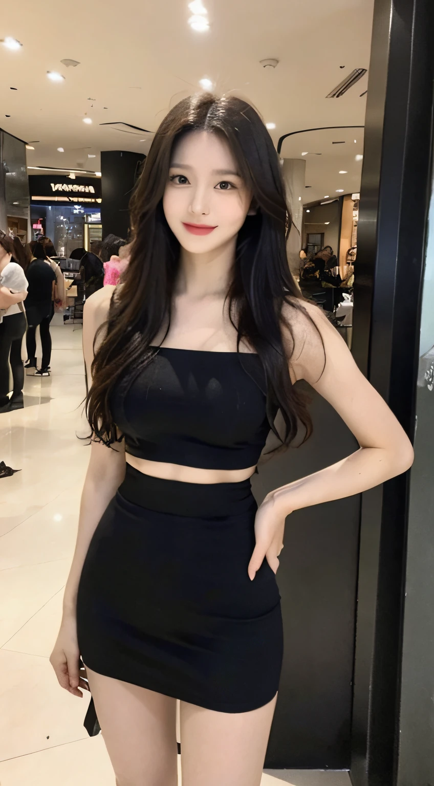 A girl around 30 years old,simplicity,Extremely beautiful and delicate,(light make-up),black color hair,A sweet smile,Delicate and beautiful fair skin,Realistic and realistic,exquisite and complete facial features,Detailed depiction of the face,tall nose bridge,Red lips,Beautiful, gentle and beautiful girl,Smooth hair,Extremely delicate hair,Feminine temperament,Fill your face light,hyper realisitc,photorealestic,8K quality,extremy detailed,Realistic details,Works of masters,Realistic to the extreme,big breasts body,Beautiful,Pure desire,Stunning beauty,Peerless beauty,Highest image quality,8K分辨率,goddes,ssmile,Fine facial features,Hair over the shoulder,A brown-haired,Large long thick legs,(((High-waisted French top))),(((short skirt))),rays of sunshine,facing at camera,The body is well-proportioned and firm,Gentle eyes,exposing thighs,stand posture,Stand inside the mall,Full body photo
