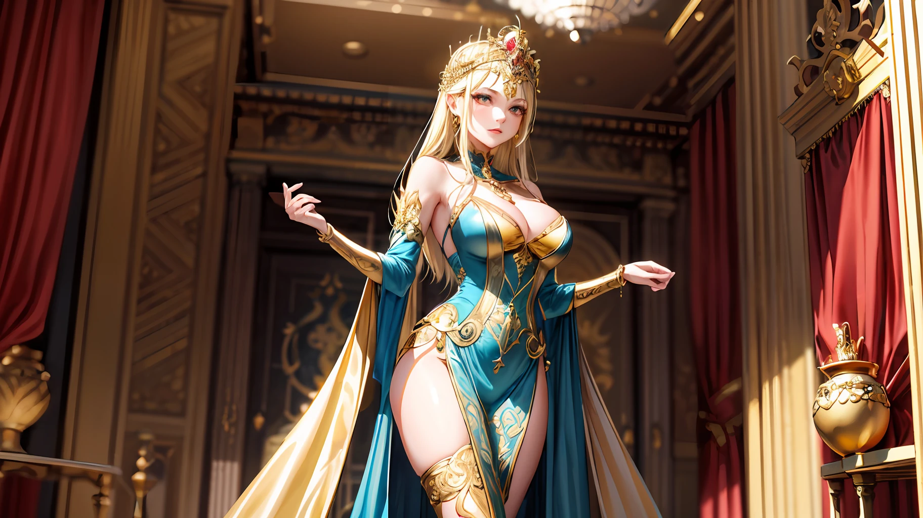 a woman in a gold costume posting in hall, cinematic goddess body shot, ornate cosplay, a beautiful fantasy empress, ((a beautiful fantasy empress)), blonde goddess, extremely detailed goddess shot, fantasy outfit, elegant glamourous cosplay, elegant gold body, glamourous cosplay, intricate outfit, gilded outfit, golden goddess, draped in gold, goddess queen, beautiful goddess, yellow stocking