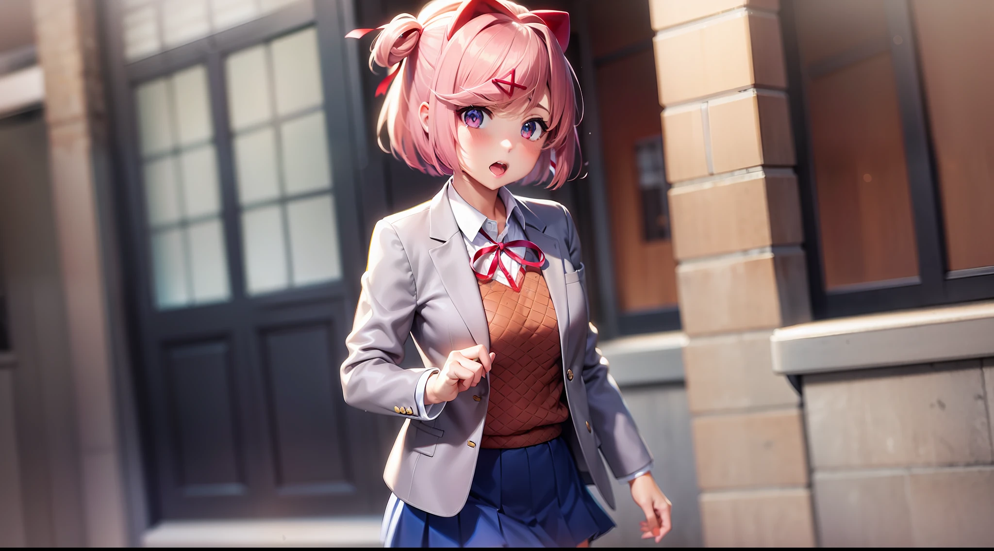 1girl, bangs, blue_skirt, blush, eyebrows_visible_through_hair, fang, grey_jacket, hair_ornament, hair_ribbon, hairclip, jacket, long_sleeves, looking_at_viewer, natsuki_(doki_doki_literature_club), open_mouth, pink_hair, pleated_skirt, red_ribbon, ribbon, school_uniform, short_hair, simple_background, skirt, solo