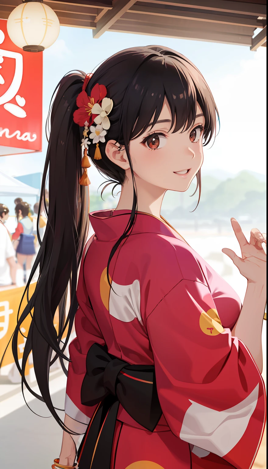 1girl em、um sorriso、summer festival、Foguete、Usando um yukata、(Retrato da parte superior do corpo)、