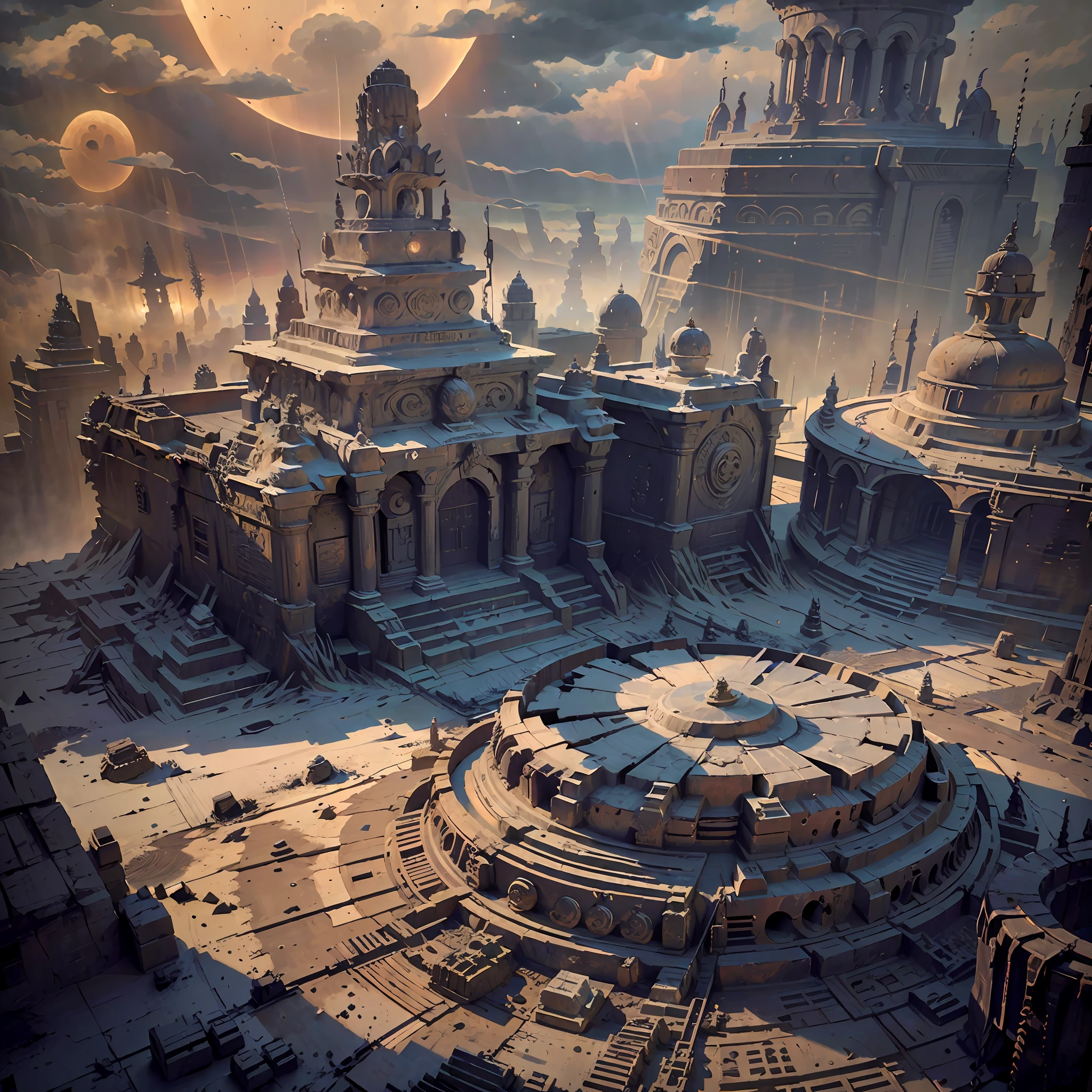 Aerial view,Ancient Indian Sun temple in 1000ad , (with huge Stone Chariot "in front of temple" with Sun as wheels of chariot,) Indian architecture , Misty,moody, Dramatic lighting,Unreal Engine 5, octane render,full of colour, trending on Artstation,8k,golden ratio,cinematic lighting H 704