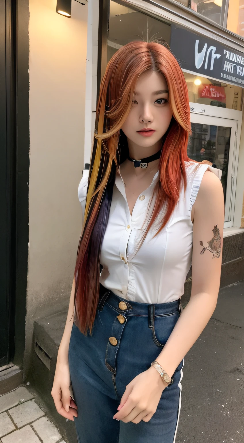 (natta、Soft lighting、top-quality、in 8K、masuter piece、Raw photo:1.3)、Mystical、flawless beauty、beautiful young woman with, Fantasia, Red colored eyes、Slender eyes、Narrow-eyed、Symmetrical eyes、(multicolored hair、Wolf Cut Hairstyles:1.5)、耳Nipple Ring、Thin bracelet on wrist、(full body Esbian、Sleeveless shirt with collar、Button collar shirt、Pichi Pichi Reza-Pants:1.2)、ultra-detailliert, intricate detailes, Highly detailed face and skin type、Slim body、(tattoos all over body、Have tattoos all over the body)、A detailed eye、realisitic、make - up、Know、Bewitching、Beautiful standing figure、small tits 、Medieval European Streets、city street at night、Invincible smile