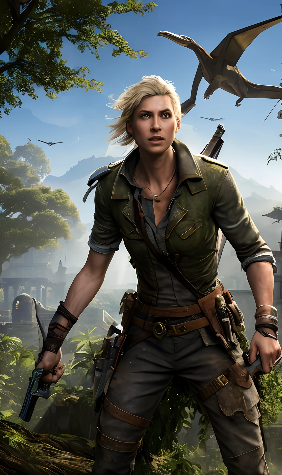 tmasterpiece,Best quality,A high resolution,Ellie Williams in a post-apocalyptic environment,Stand in the middle of a large field surrounded by overgrown greenery,a beautiful woman,Riding a wild prehistoric cat,looking at viewert,Holding a weapon,A determined expression appeared on his face,(full bodyesbian), (the face:1.2), An ancient city is shown in the background,Covered with dense foliage and forest,Huge pterosaurs flew through the air,You can see the remains of the building through the greenery、rays of sunshine、sun rays peeking through the trees,Unique fusion of nature,Reclaim the ruins of the former city and the city that once stood,concept-art,Naughty Dog Studio,Highly detailed face,Popular on artstation,Popular on CGsociety,复杂,high detal,highly detailed,Sharp focus,dramatics,realisticlying,realisticlying,sci-fy,fanciful,rendering by octane,ROW photo,depth of fields,rays of sunshine,