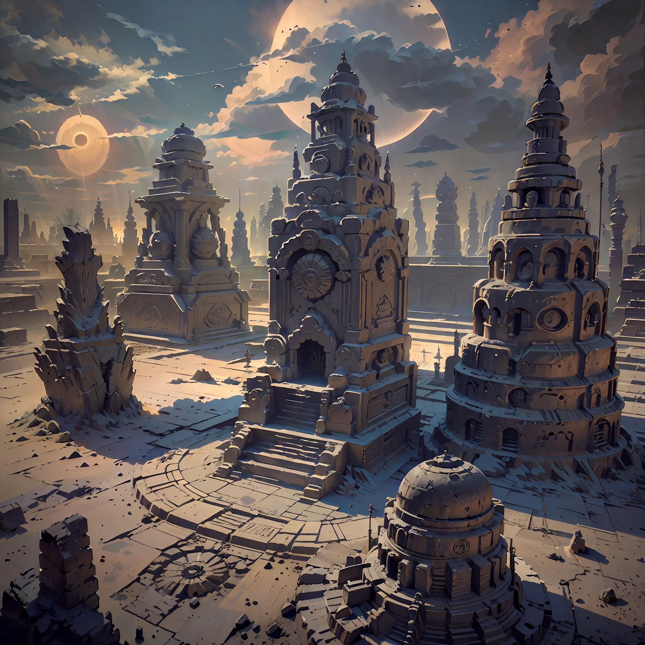 Aerial view,Ancient Indian Sun temple in 1000ad , (with huge Stone Chariot "in front of temple" with Sun as wheels of chariot,) Indian architecture , Misty,moody, Dramatic lighting,Unreal Engine 5, octane render,full of colour, trending on Artstation,8k,golden ratio,cinematic lighting H 704