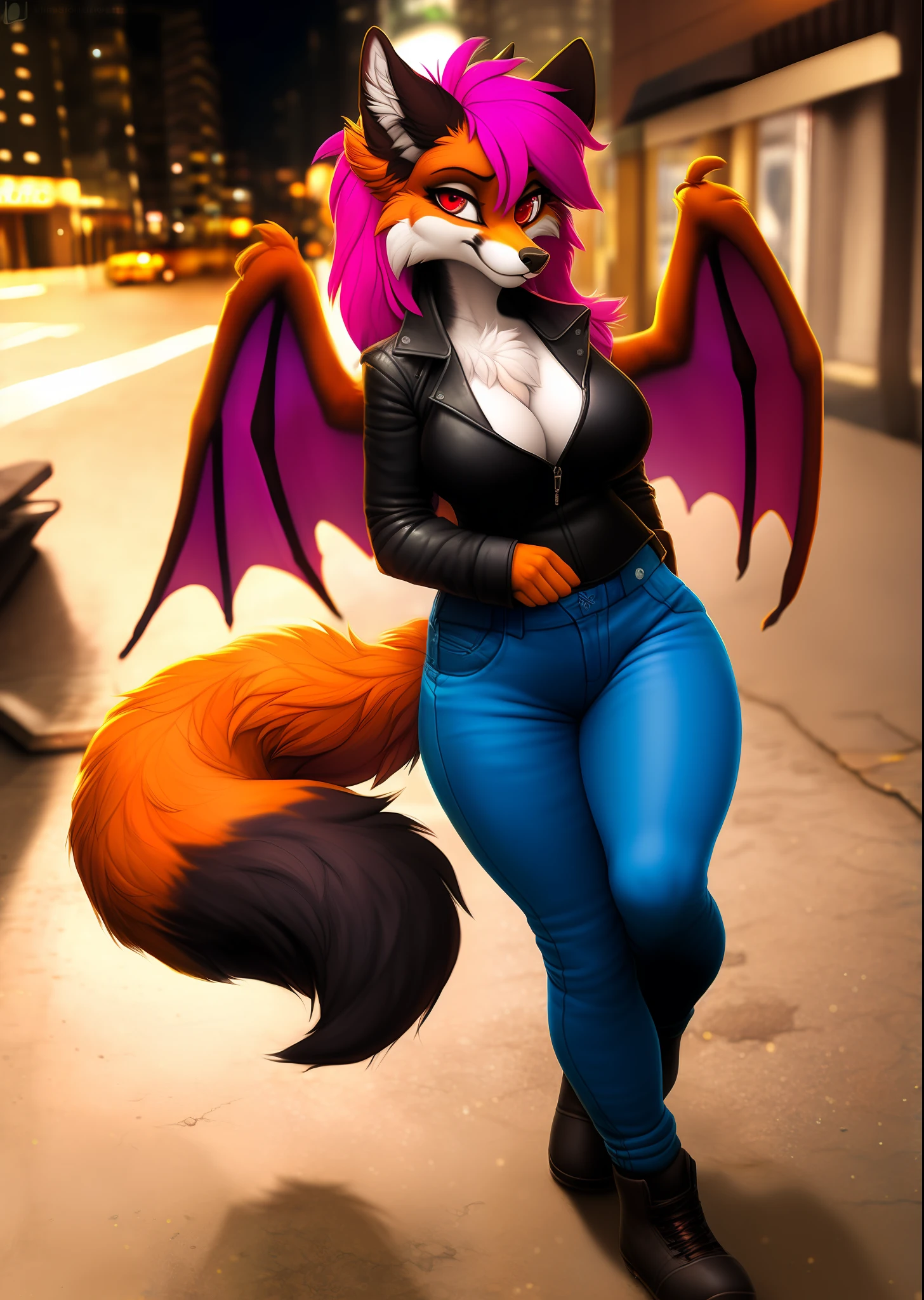 Safe, anthro, solo, voluptuous, female, fox, fluffy,(wide hips),red eyes, clothed,leather jacket, jeans,black boots, big breasts, cleavage, smirk, tail,looking at viewer, walking, night, city street, detailed background , digital media \(artwork\),by vader-san, [by lynncore|by snowskau|by kikurage], [by hioshiru|by darkgem],by silverfox5213,[by iskra],by kenket, big curly hair, pink hair, dragon wings, tall hair, voluminous hair, hair covering one eye, curly, big thighs,