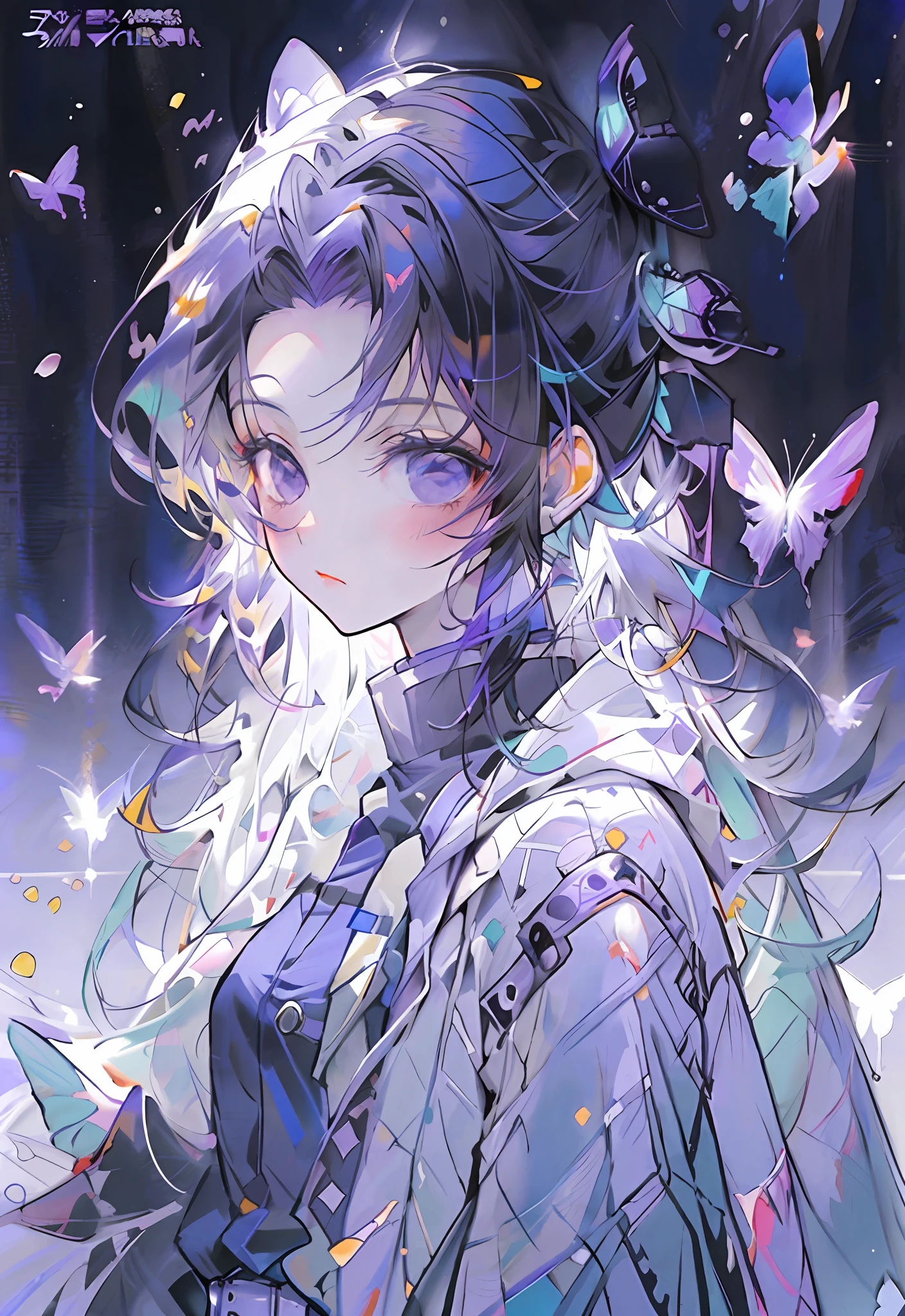 a woman with a sword and ((Bioluminescence purple butterfly)) wings hairclip in her hair, demon slayer rui fanart, demon slayer artstyle, ((clean detailed anime art)), ((highly detailed)) exquisite fanart, beautiful anime portrait, anime visual of a cute girl, detailed anime character art, anime girl with a bow and arrow, anime moe artstyle, high quality anime artstyle, purple theme