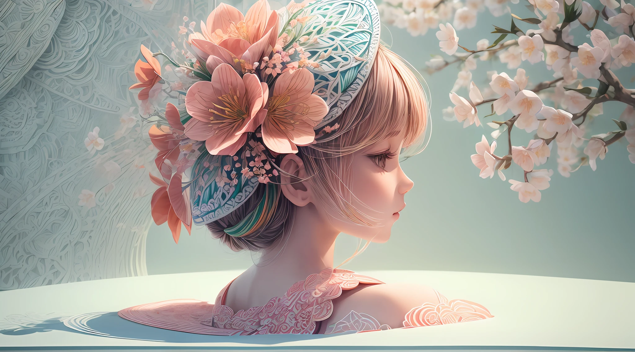 (symetry:1.5),(Side line of beauty:1.3),(Colorful peach blossoms flowers:1.2),White background,paper art,a 3D render,extremely detaile, in Spring, (zentangle:1.2), (geomerty:1.2),Cinematic lighting effects,4K,Masterpiece,