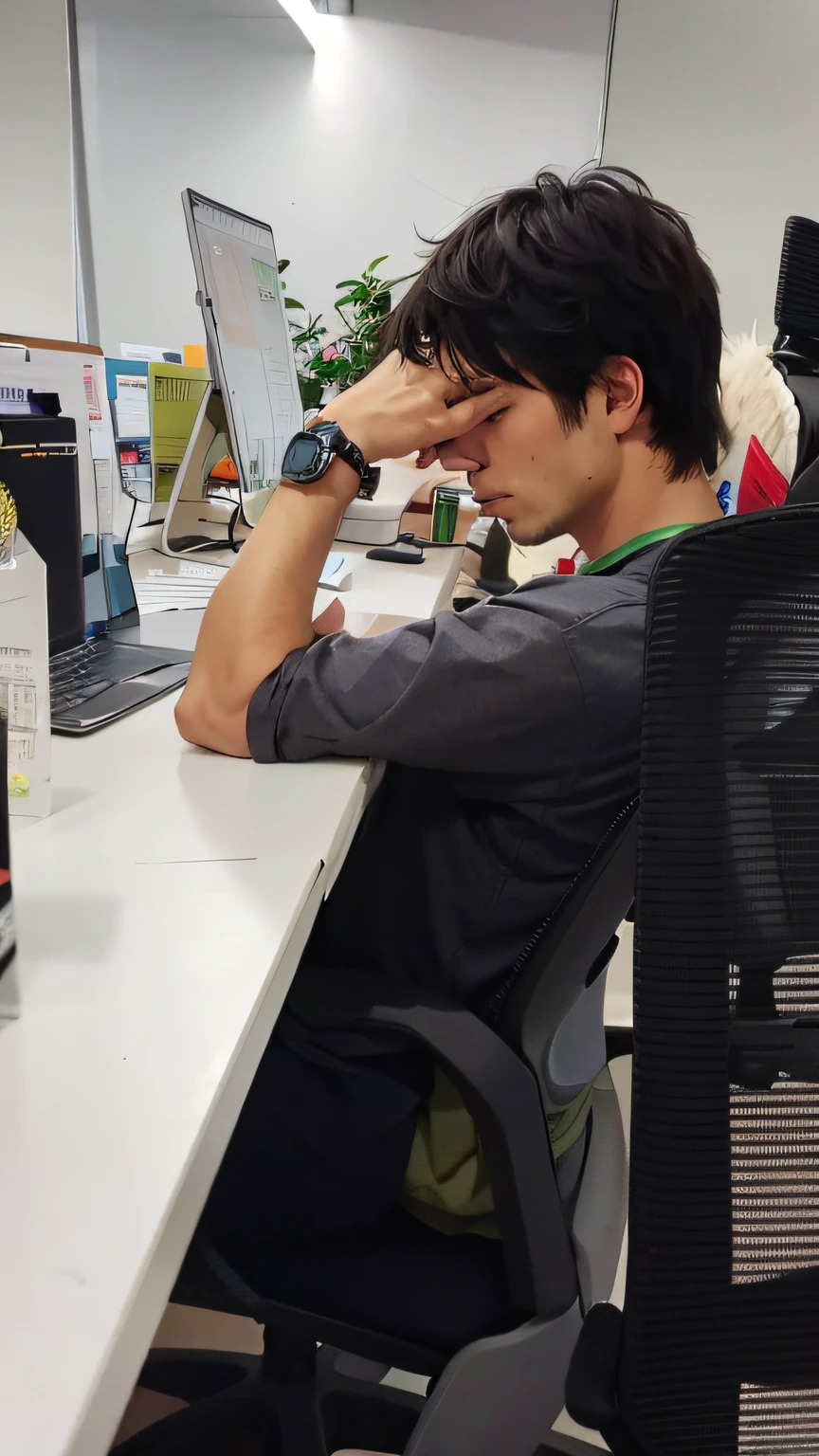 There was a man sitting at his desk, tired half closed, sitting in office,At the computer desk, worn out, Sleepy expression, thinking pose, an exhausted deity, Sitting at your desk, tired looking, Lost in thought, resting after a hard fight, stoic pose, resting on a tough day, Look tired