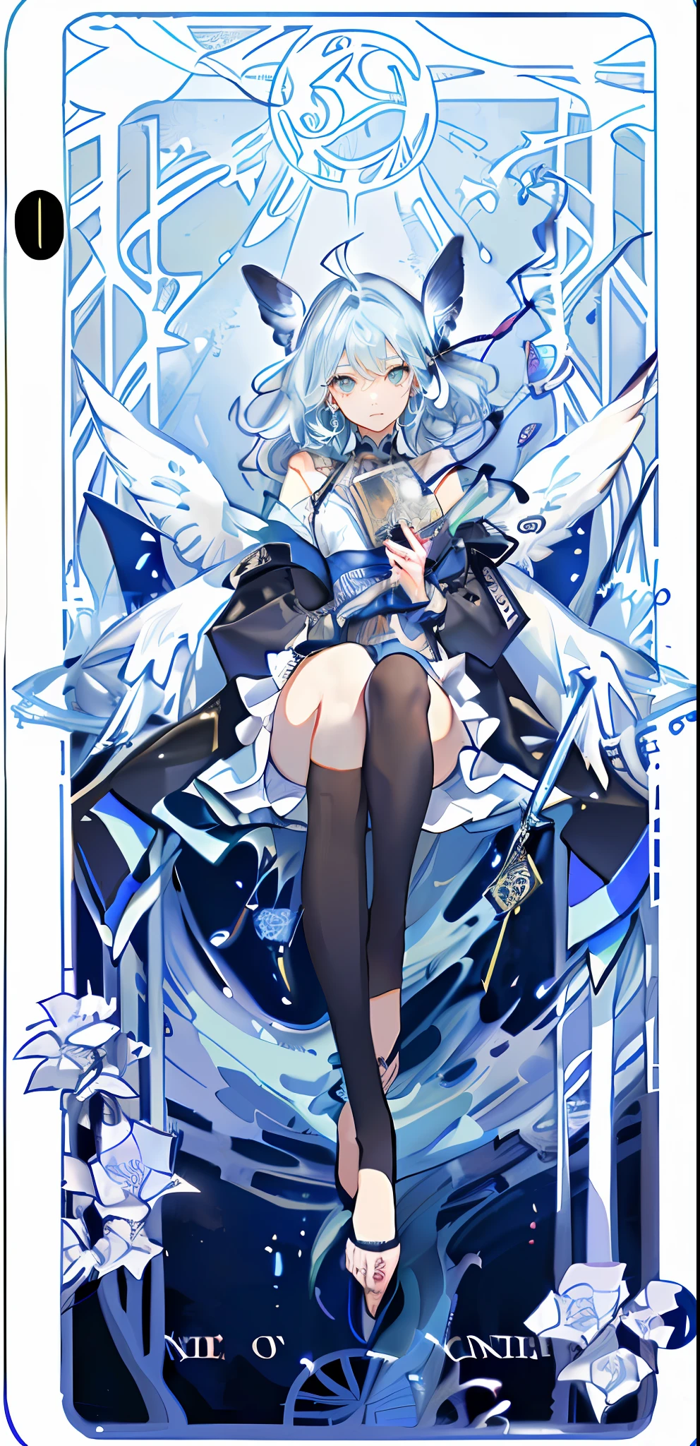 (the golden ratio:1.2),(Fault color:1.3),[(White background:1.4)::10],(full bodyesbian:1.2),(ultradetailed:1.3),(tarot cards:1.6),(Paper:1.2),(angelicales:1.6),(angel wing:1.2),full bodyesbian,Dangling,(mizore:1.2),(Long white hair),(Butterfly hair ornaments),(Floral hair ornaments:1.0),((sandals,medalion)),(Colorful cocktail dress:1.0)+(Loose-fitting sleeved jacket:1.3)+(Fluttering colored tassels and ribbons:1.2 ),(Over-the-knee white stockings:1.2),(Colored ink paper flowers:1.2),(Sea of colorful flowers:1.3),(Chaotic geometry:1.3),(Negative space:0.8),(Drawing board:1.3 ), (Etheric color ink flows:1.3),(Long sword in hand),(Masterpiece 2K)