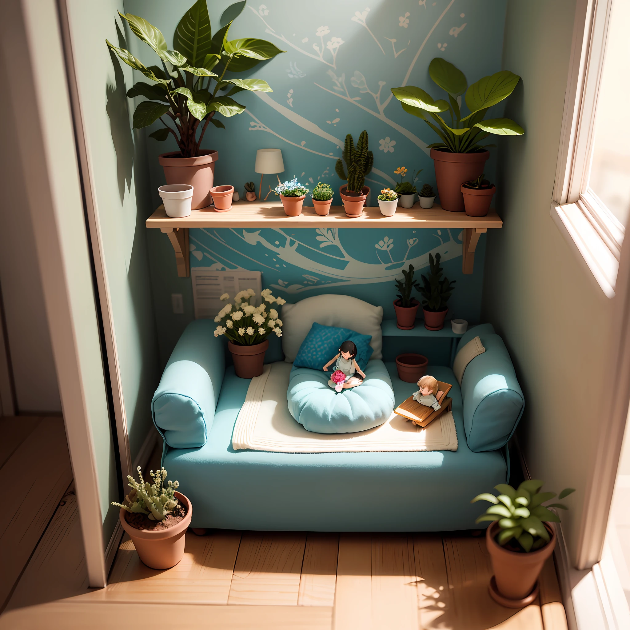 Beautiful and gentle mini wool style with sea theme((miniture))((bedroom)、Full of flowers and plants、miniture、productphoto、Perfect litthing、(diorama)) --auto