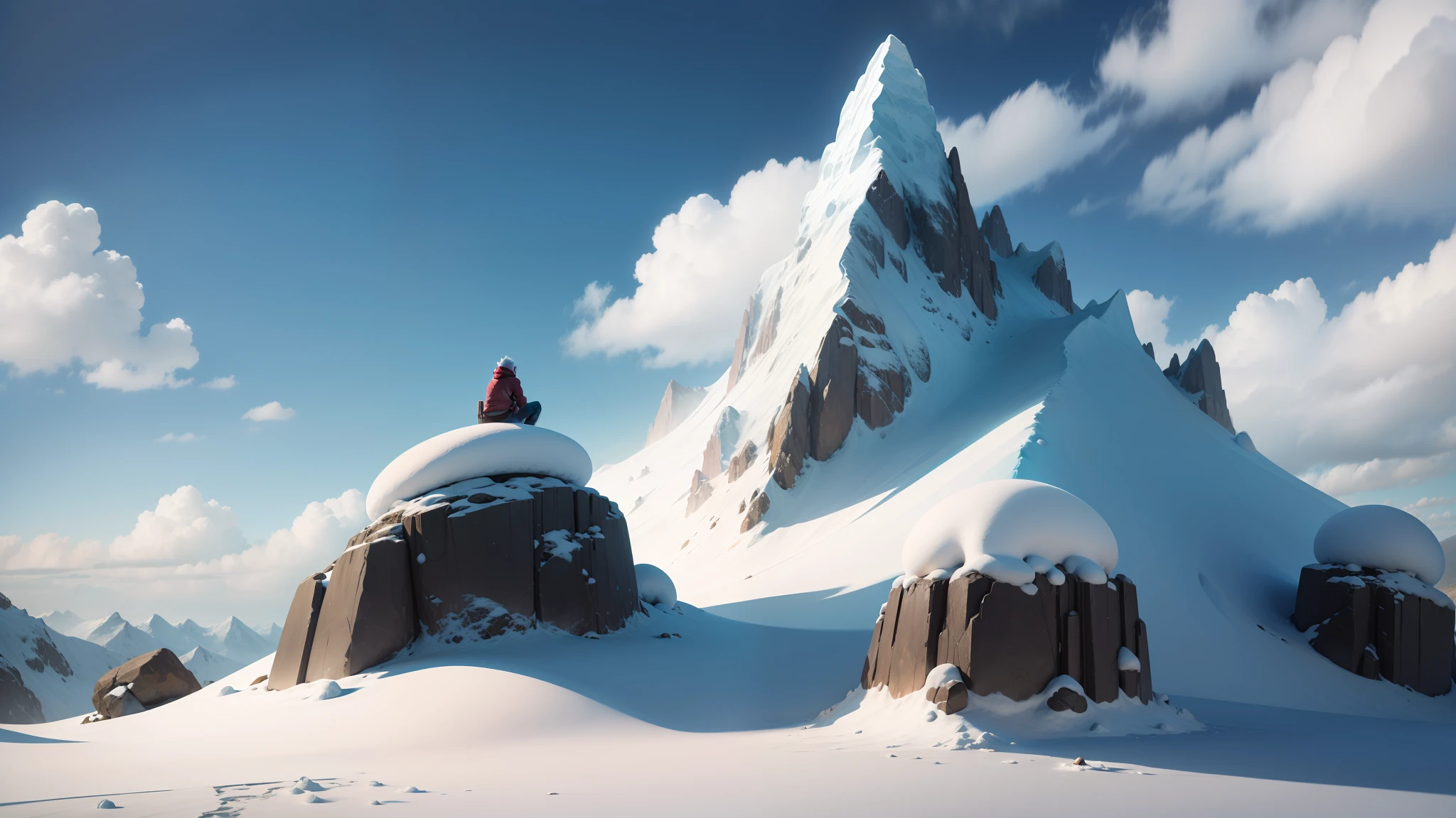 Give me a snow mountain in cartoon image , there are 1 big stone there are sit 1 man , close shot