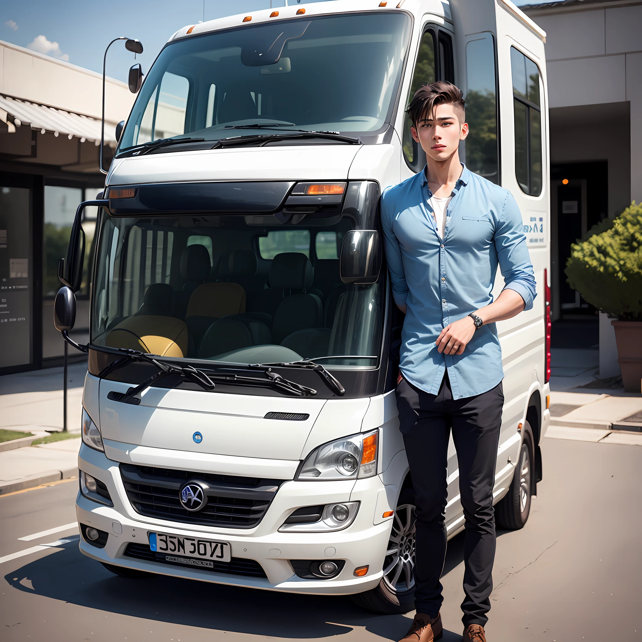 One drove a van,Handsome young man in blue。 --auto