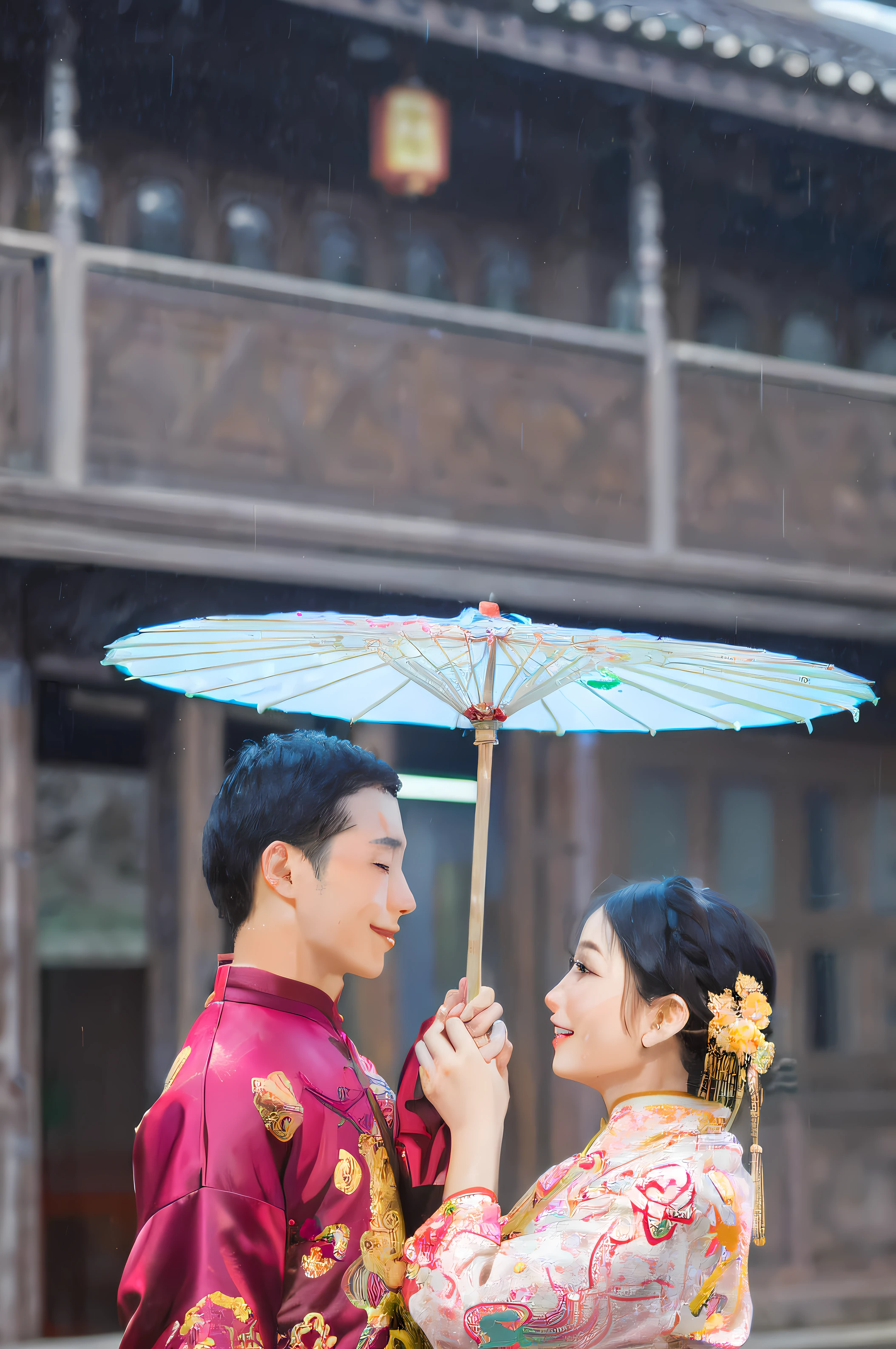 "An extremely delicate and beautiful painting，Excellent quality，A high resolution、High detail CG unity 8k wallpaper，It shows a happy scene。The protagonists are a young Chinese couple with black eyes and black hair，Wear festive Han traditional costumes，Standing in the drizzle。The girl's face is very beautiful。It gives a romantic and warm feeling。