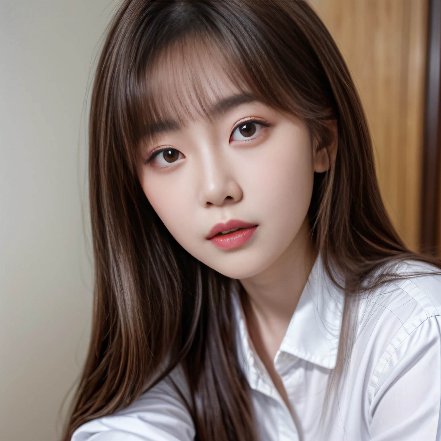 Alafed asian woman with long brown hair and white shirt, Portrait of female Korean idol, Larisa Manobal, Beautiful young Korean woman, Young adorable Korean face, Gorgeous young Korean woman, beautiful Korean women, Shot with Canon EOA 6 D Mark II, taken with canon eos 5 d mark iv, taken with canon 5d mk4, Cute Korean Actress