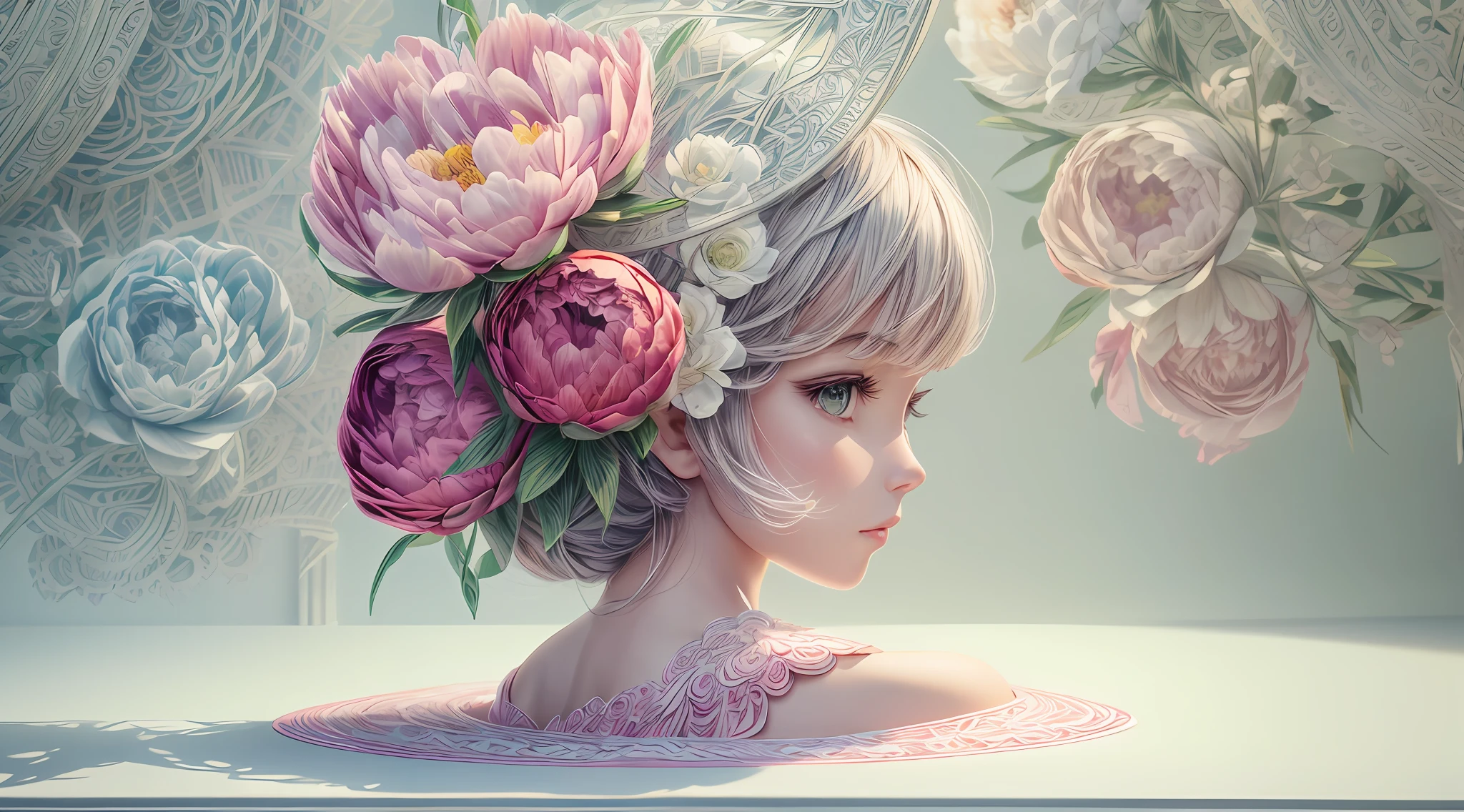 （symetry:1.5)，（Side line of beauty:1.3)，(Colorful peonies flowers:1.2)，White background，paper art，a 3D render，extremely detaile, in Spring， (zentangle:1.2), (geomerty:1.2)，Cinematic lighting effects，4K，Masterpiece，