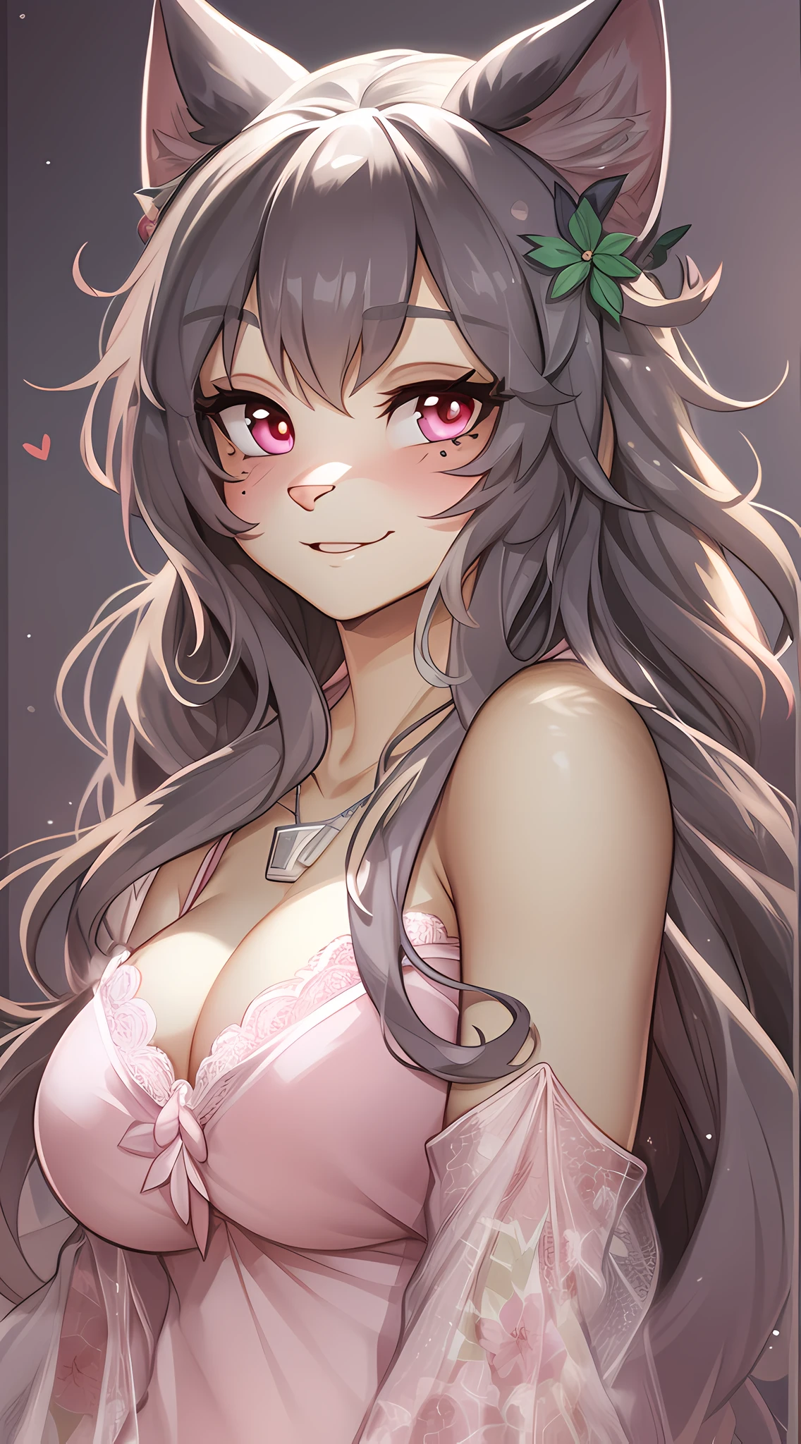 wolf girl,furry,best quality,Amazing,masterpiece,delicate,ultra high res,ultra detailed,intricate detail,beautiful detailed,finely detailed,8K,sharp focus,(extremely detailed CG unity 8k wallpaper),atmospheric perspective,sleeveless dress,frilled dress,polka dot,lace,strapless dress,pink eyes,heart-shaped pupils,bright pupils,light blush,seductive smile,glint,pendant,gigantic breasts,bouncing breasts,cleavage cutout,covered,framed breasts,perky breasts,strapless bra,oversized breast cup,1girl,solo,female pervert,milf,looking at viewer,flower on head,facepaint,forehead mark,long hair,black hair,expressive hair,standing,arms behind back,bare legs,thick thighs,bare shoulders,collarbone